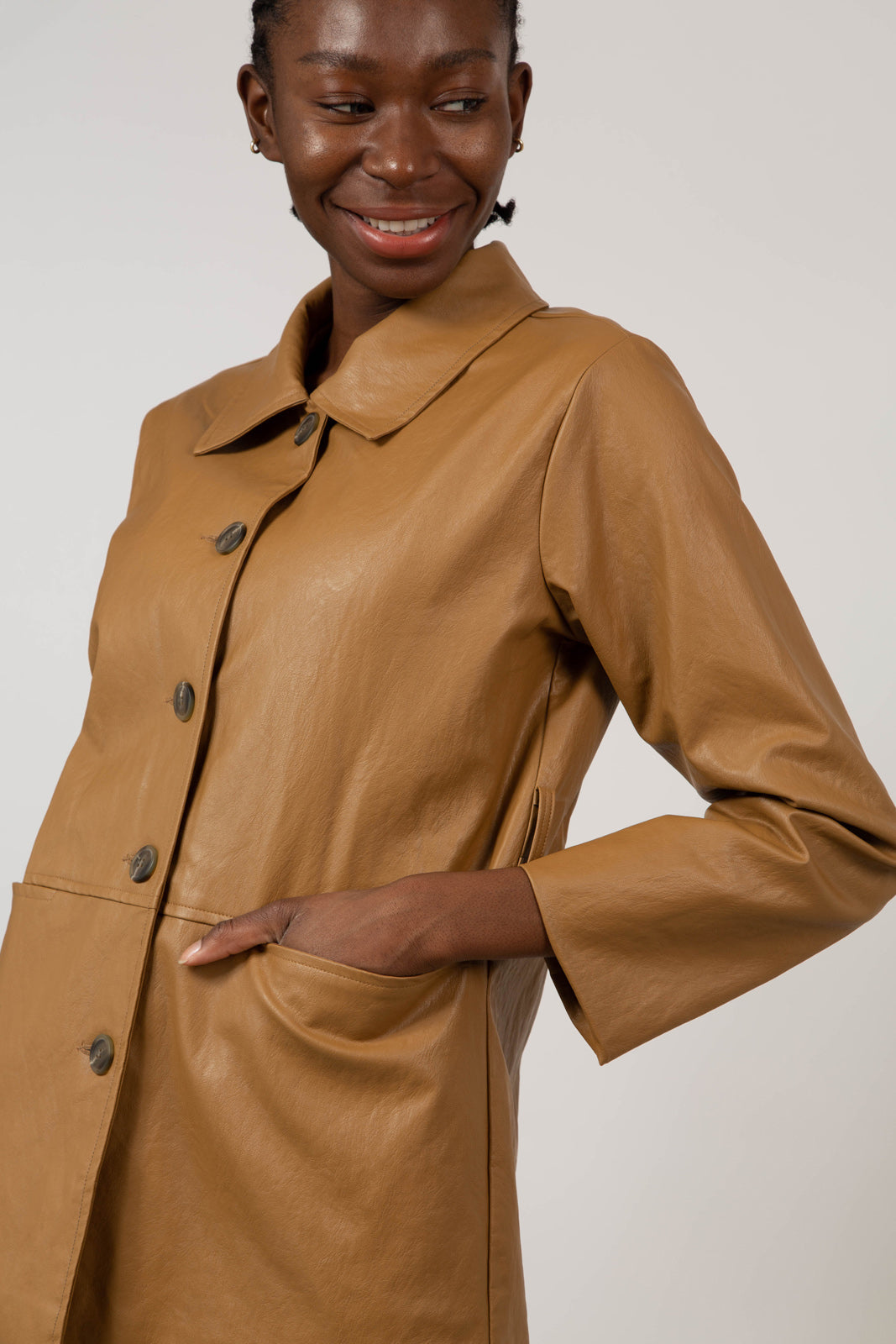 Brown vegan leather belted jacket_5