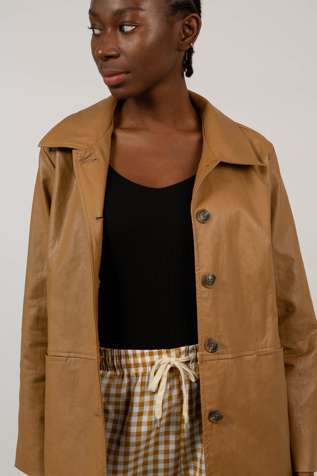 Brown vegan leather belted jacket_8