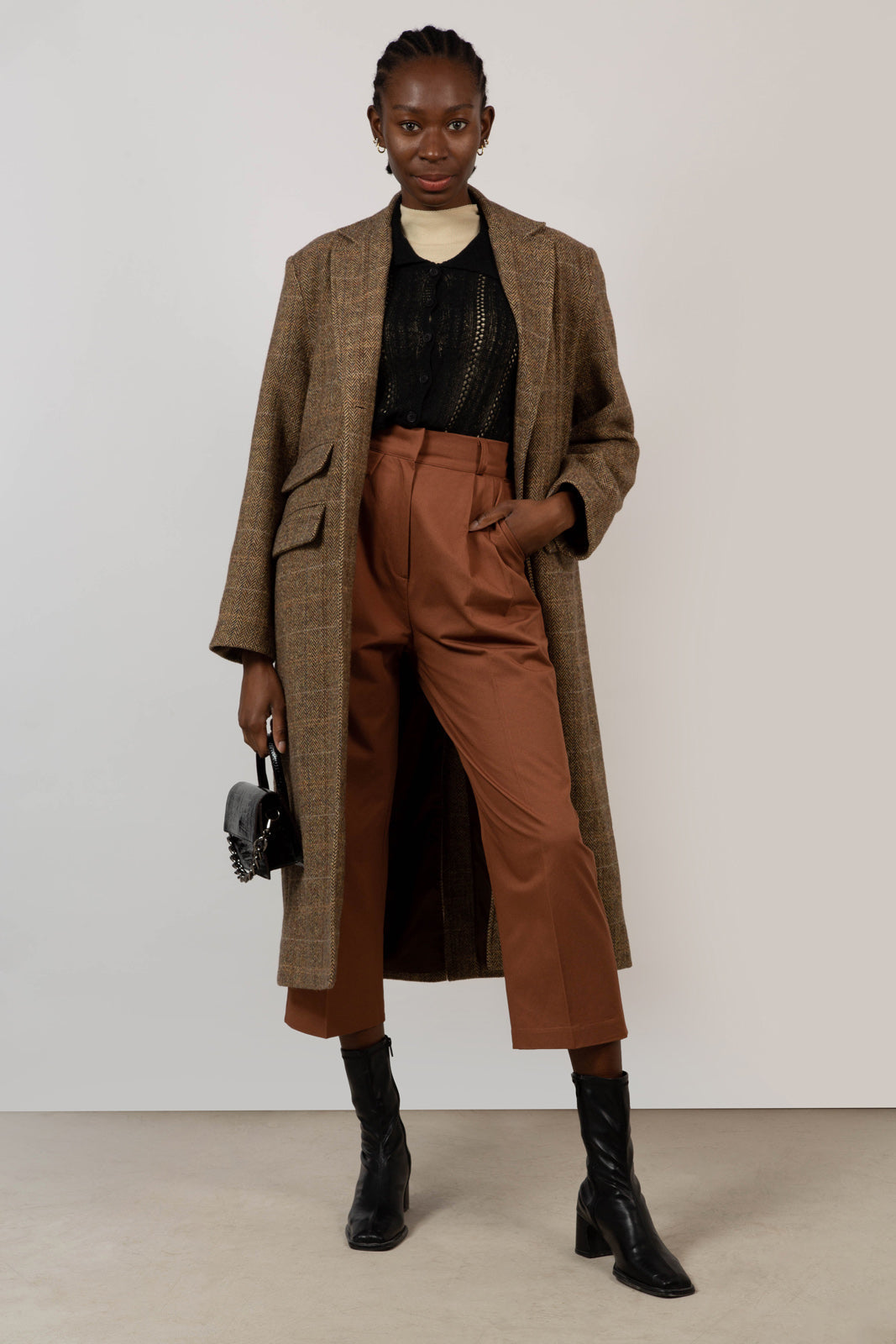 Brown herringbone box checked wool blend long coat_1