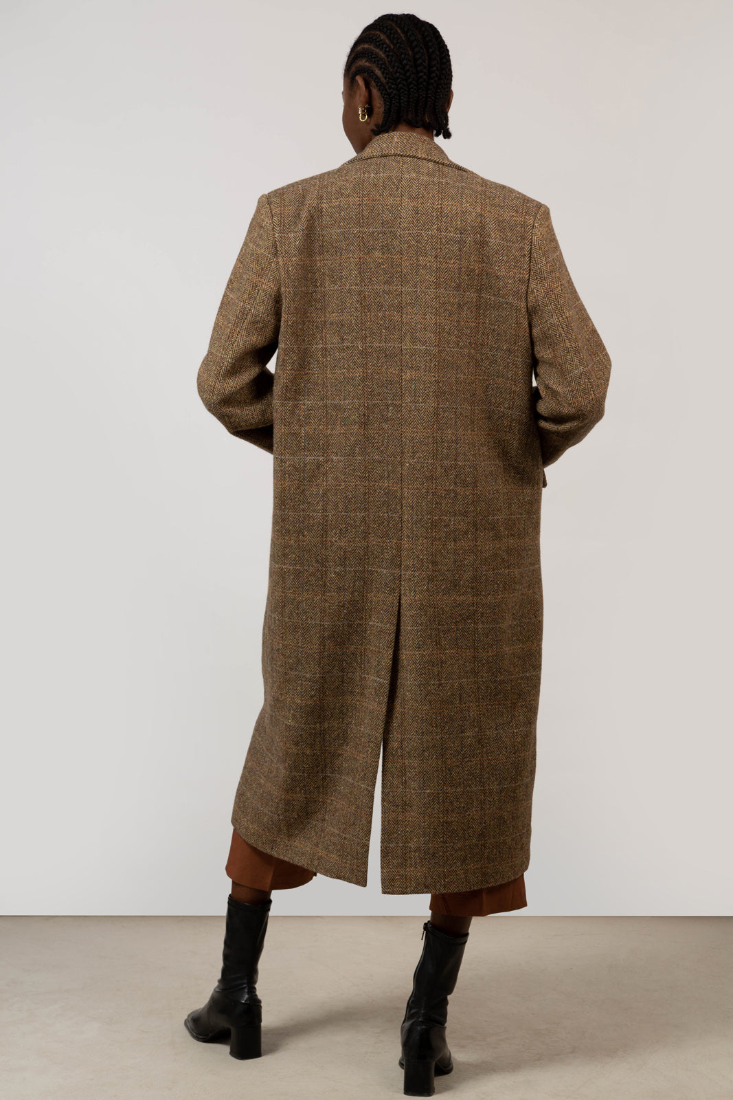 Brown herringbone box checked wool blend long coat_4