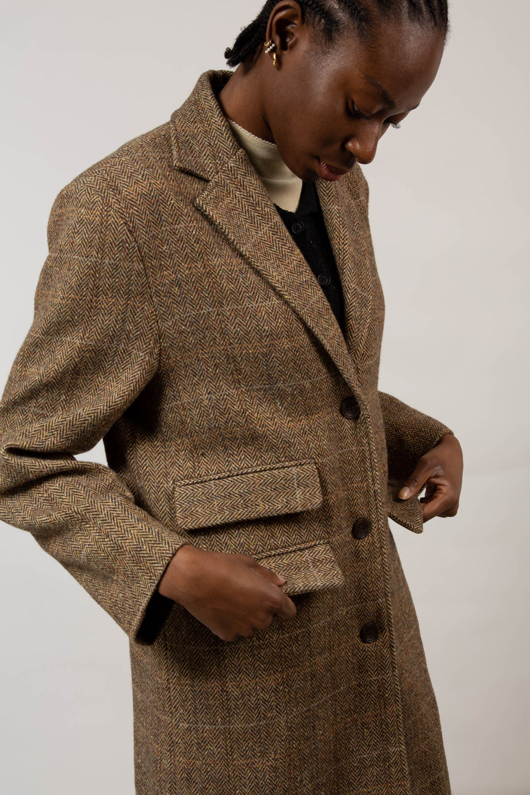 Brown herringbone box checked wool blend long coat_3