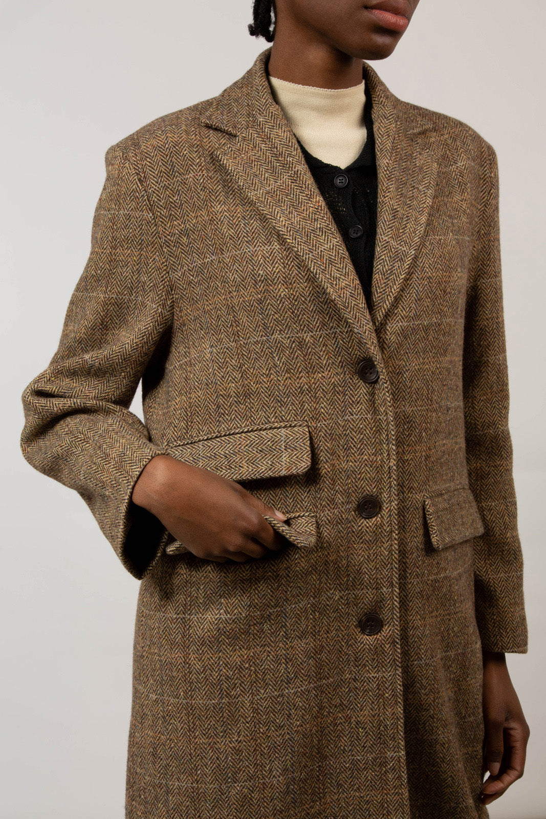 Brown herringbone box checked wool blend long coat_2