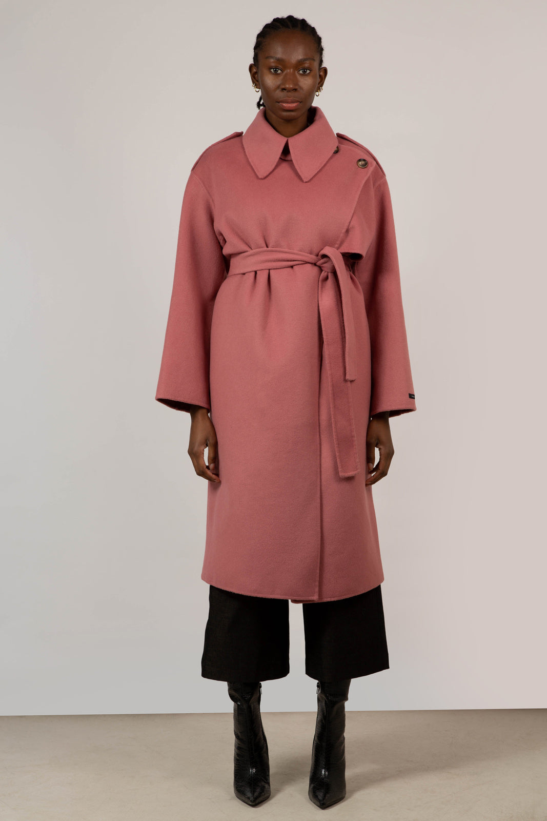 Deep pink wool blend handmade belted trench coat_1