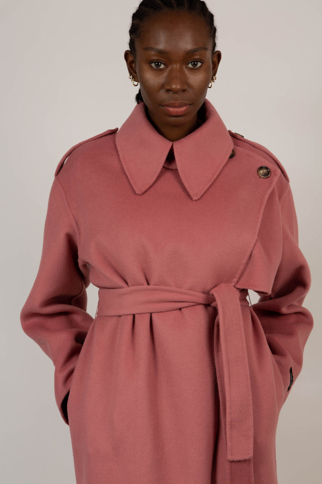 Deep pink wool blend handmade belted trench coat_5