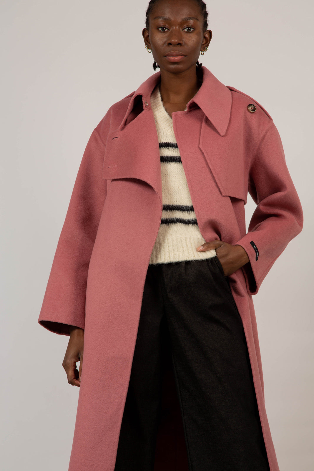 Deep pink wool blend handmade belted trench coat_7