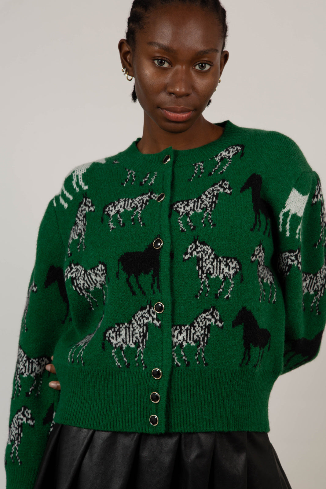 Green zebra intarsia puff sleeved cardigan_2