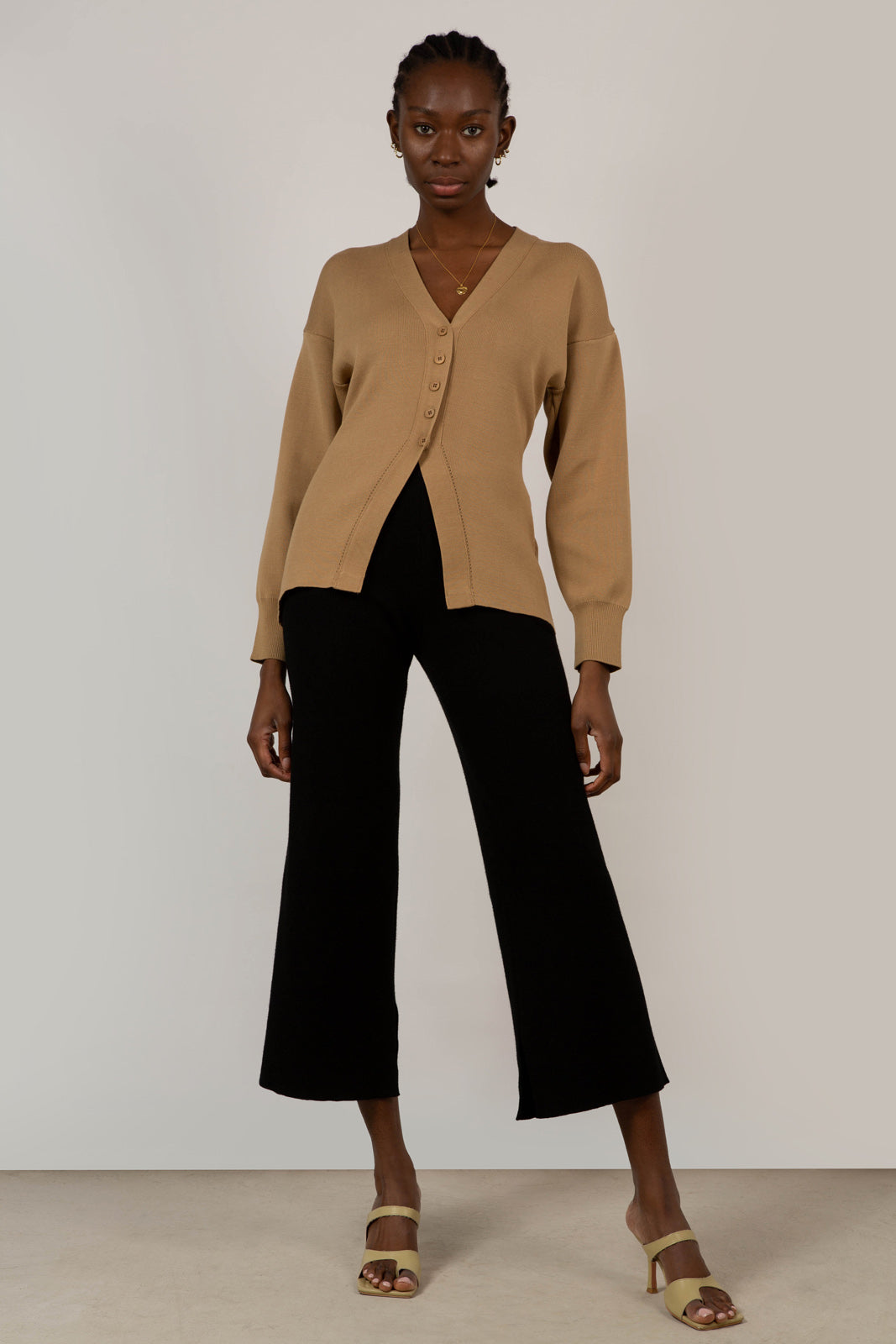 Beige V neck peplum cardigan_1