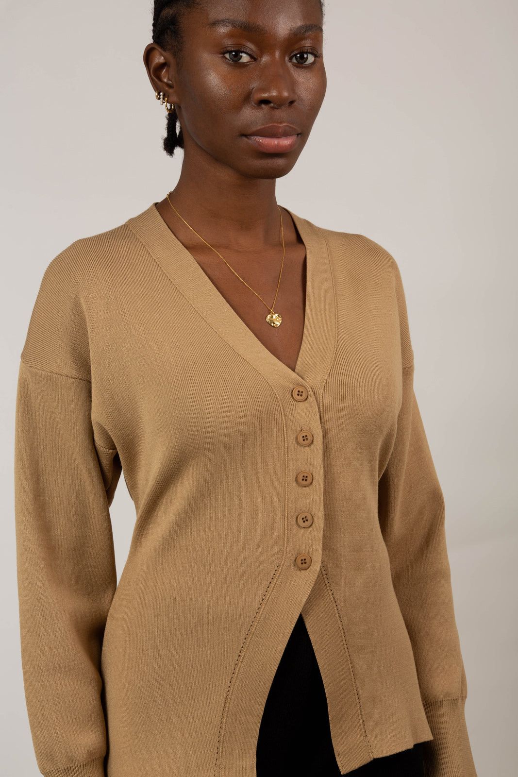 Beige V neck peplum cardigan_3