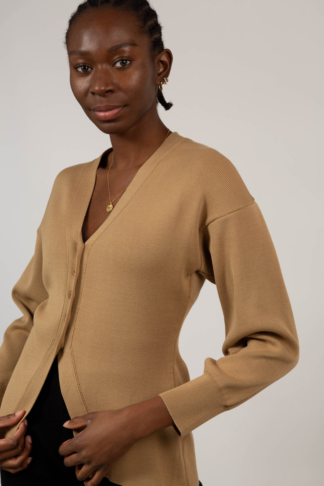 Beige V neck peplum cardigan_2