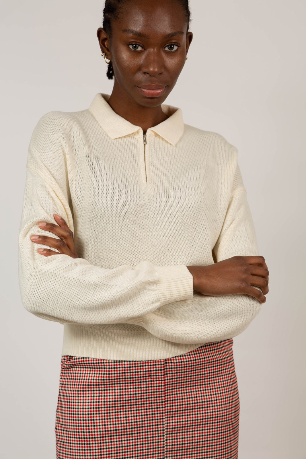 Oatmeal zip polo knit top_1