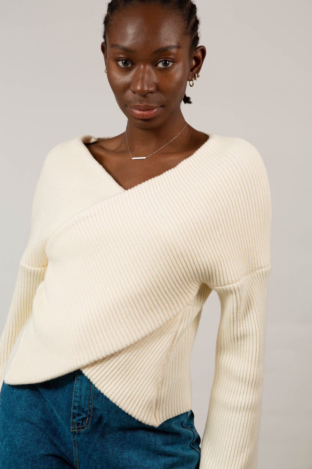 Ivory cross front panel knit top_5
