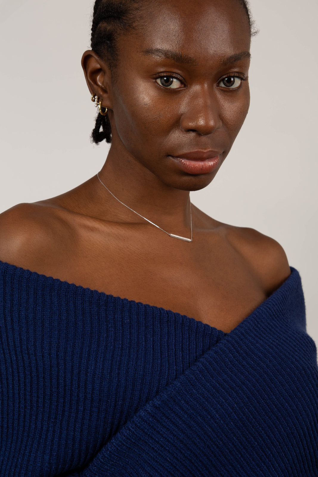 Cobalt blue cross front panel knit top_1