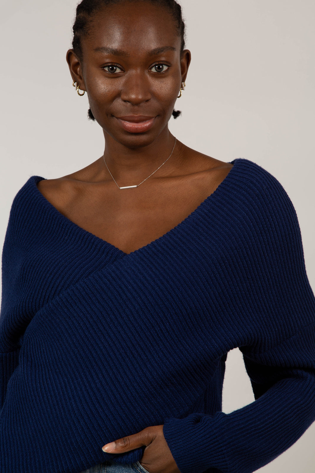 Cobalt blue cross front panel knit top_2