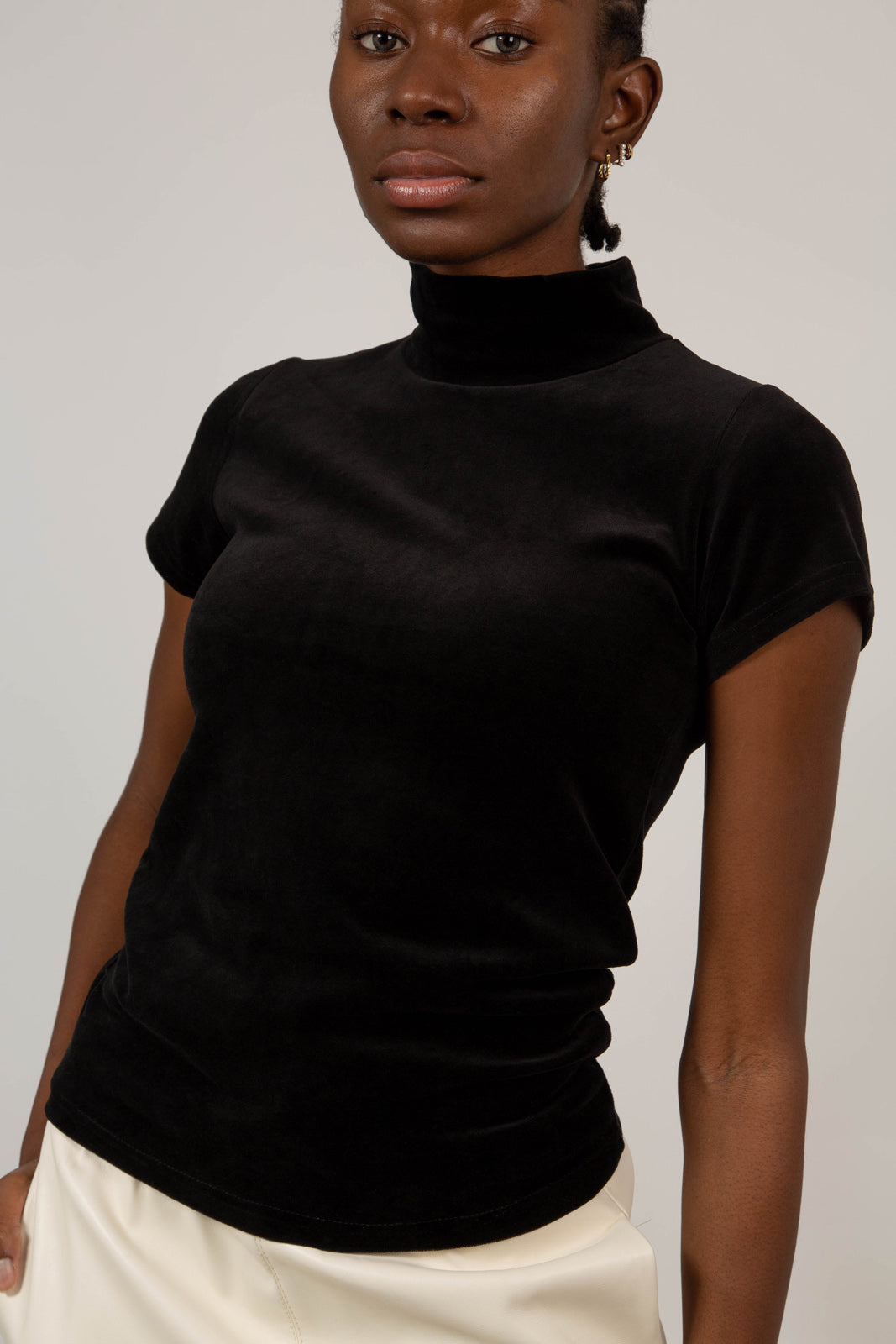 Black velvet short sleeved mock neck top_10