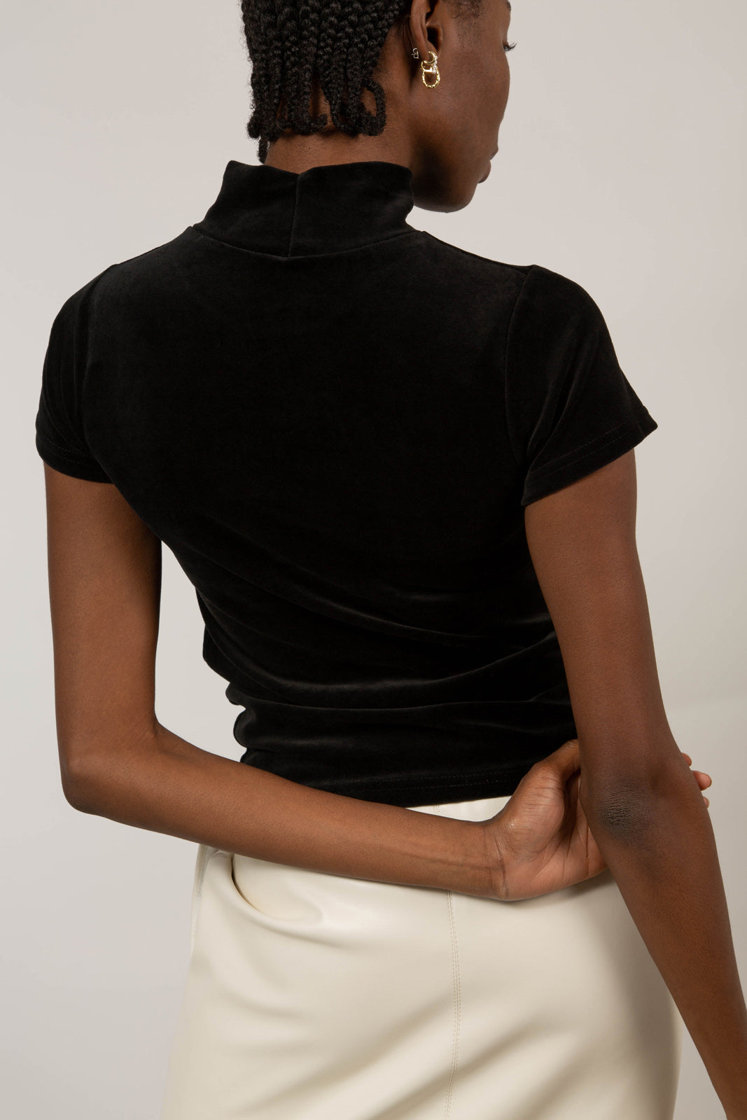 Black velvet short sleeved mock neck top_2