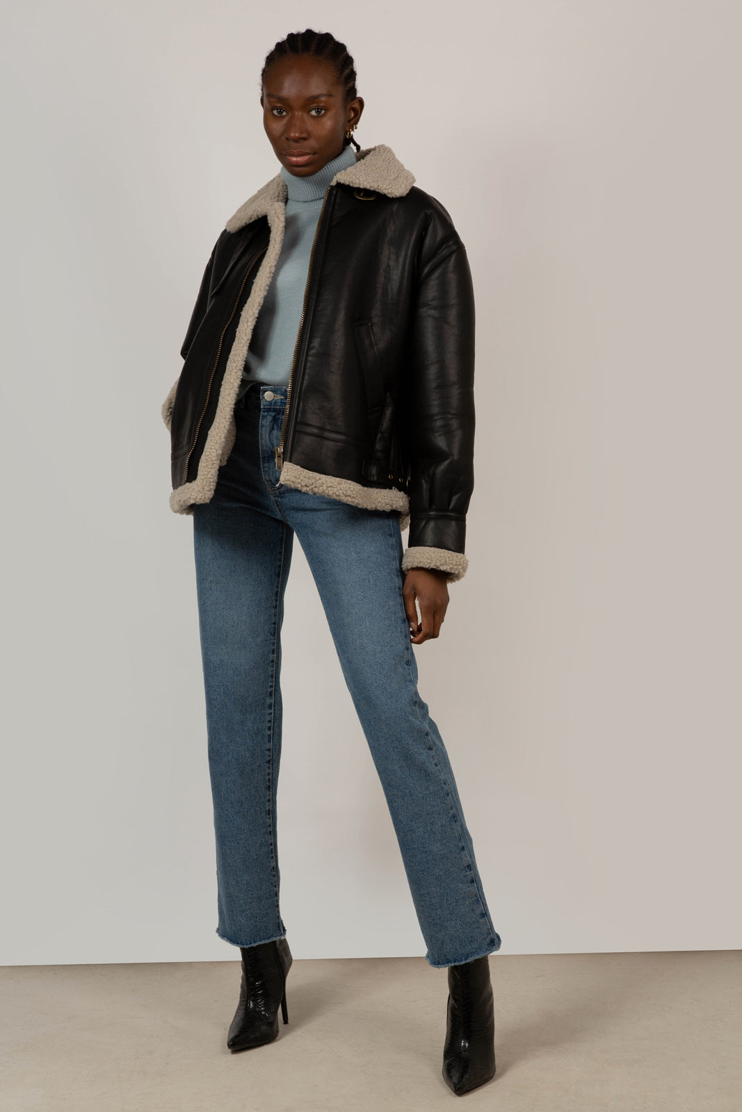 Black faux shearling biker jacket_1