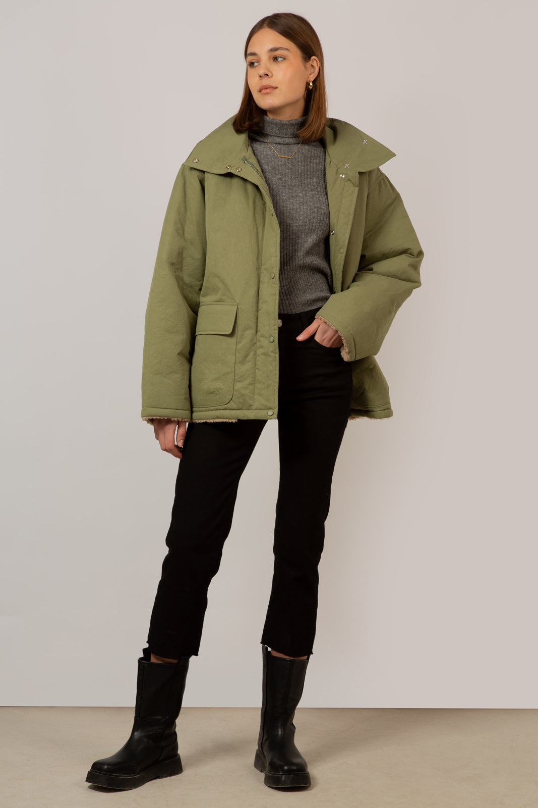 Pale khaki teddy lined cinch back parka_3