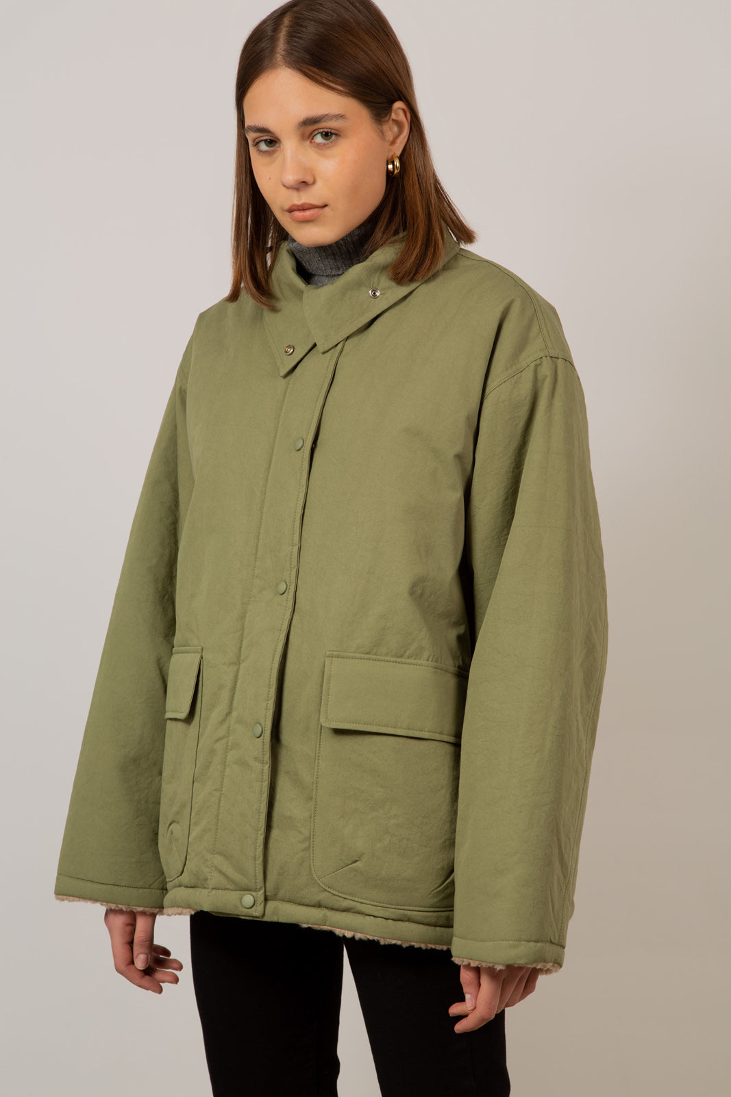 Pale khaki teddy lined cinch back parka_1