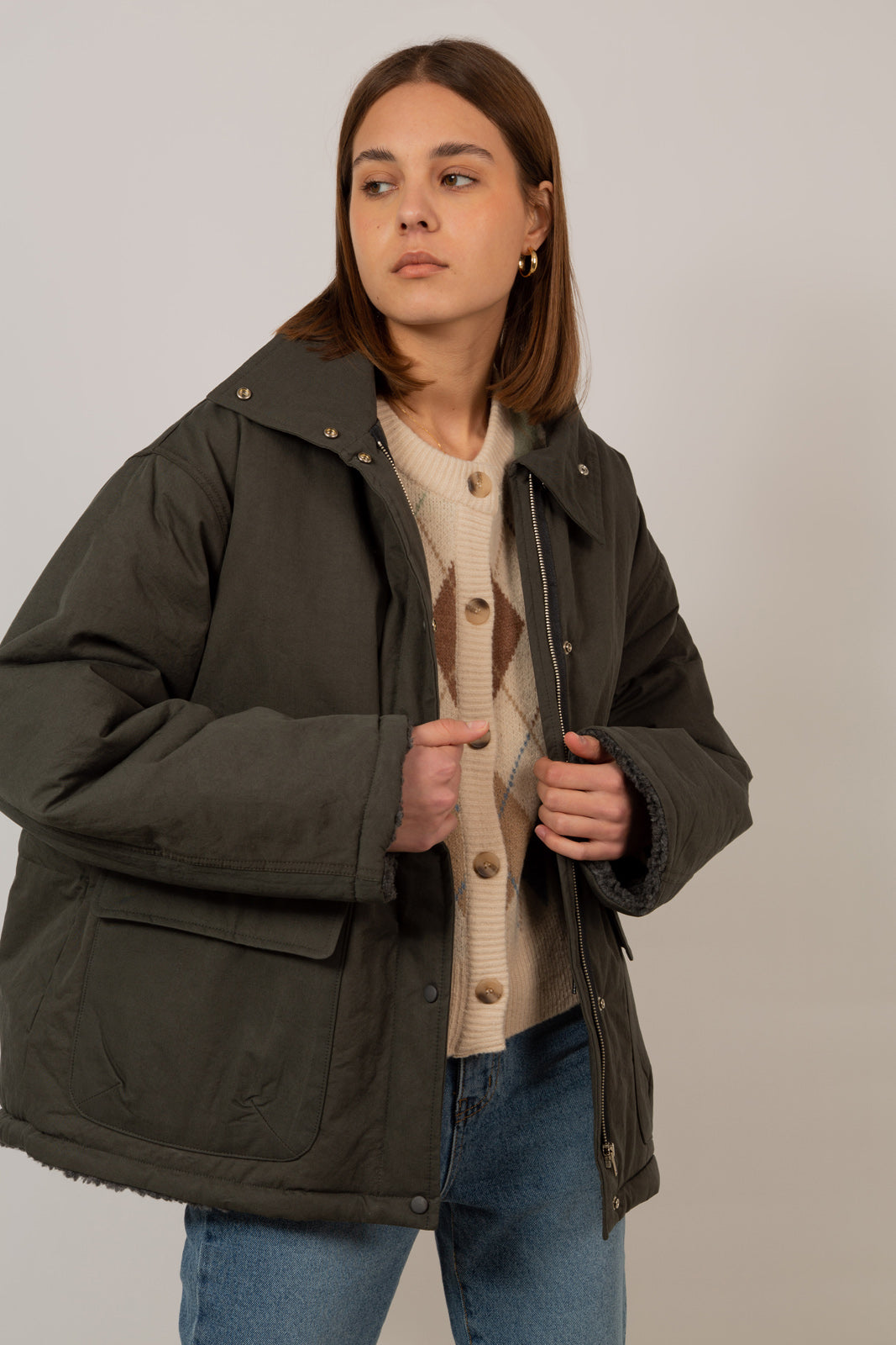 Charcoal teddy lined cinch back parka_1