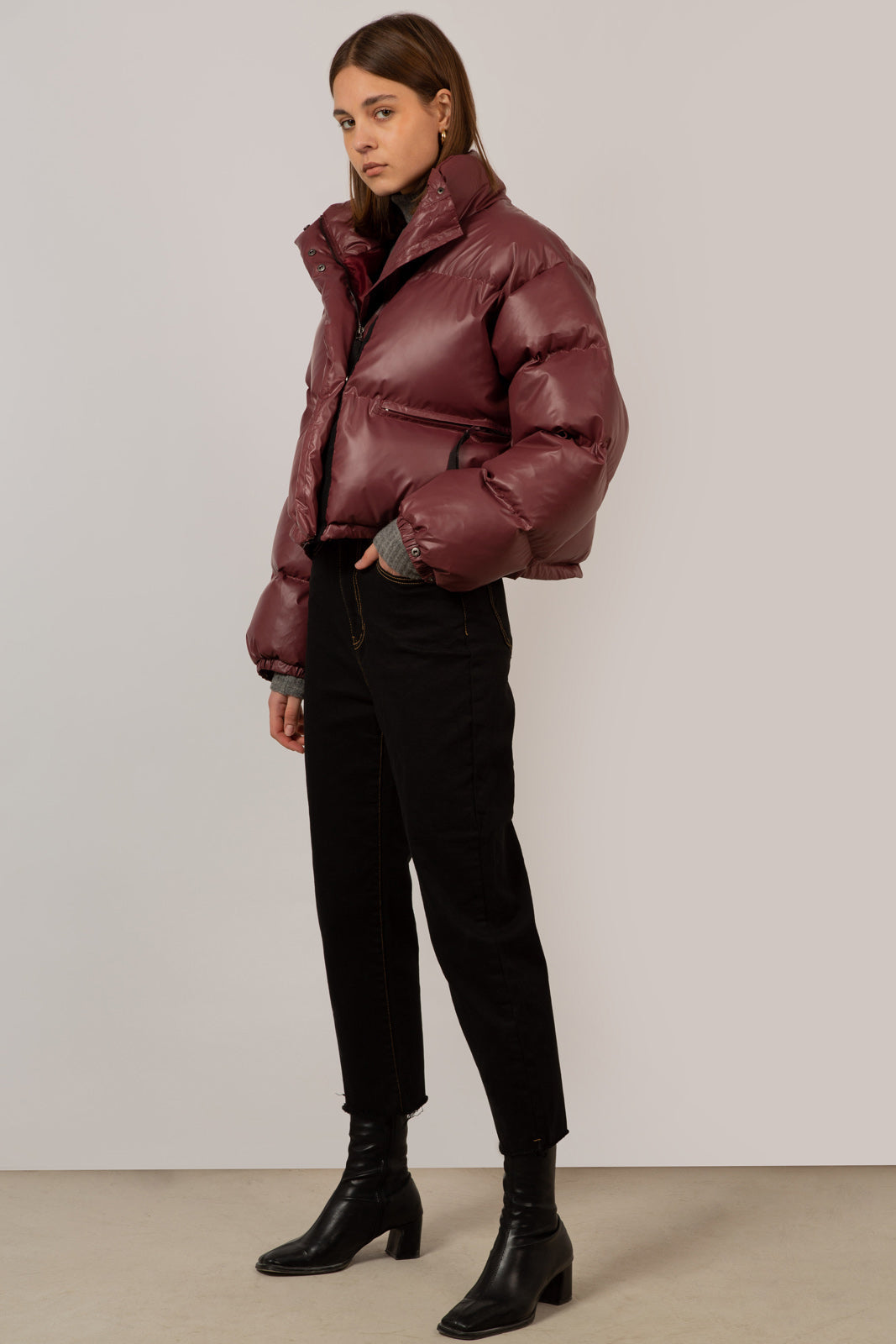 Burgundy glossy puffer coat_6