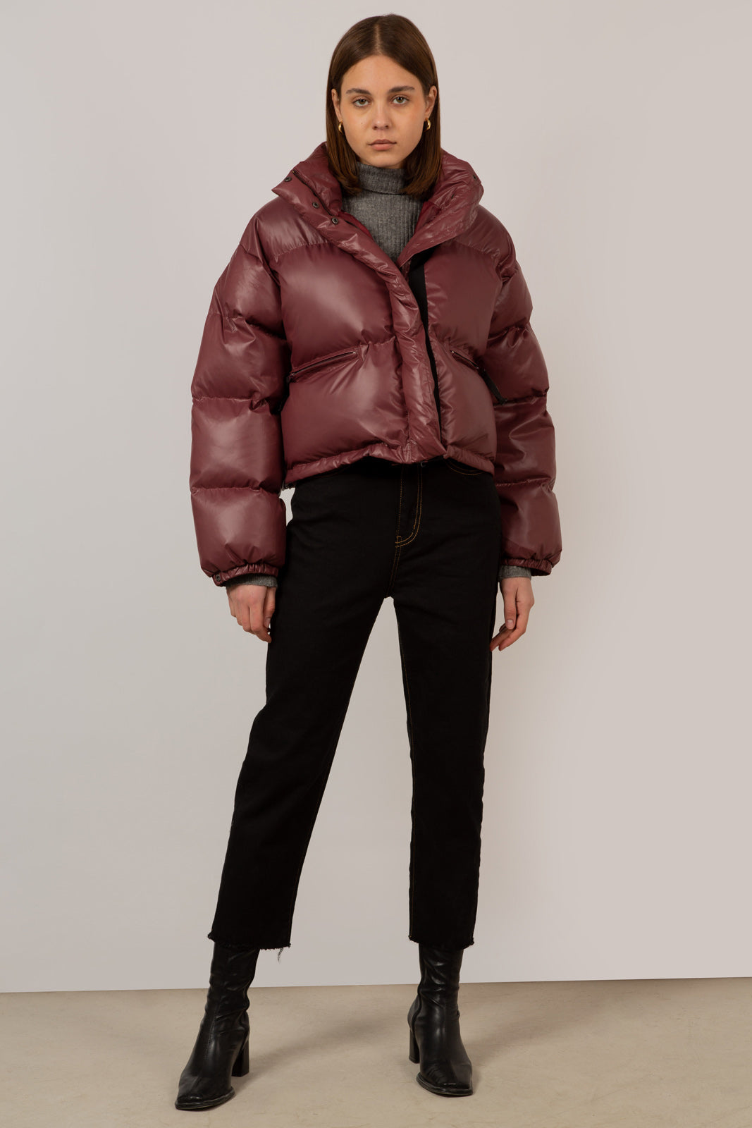 Burgundy glossy puffer coat_4