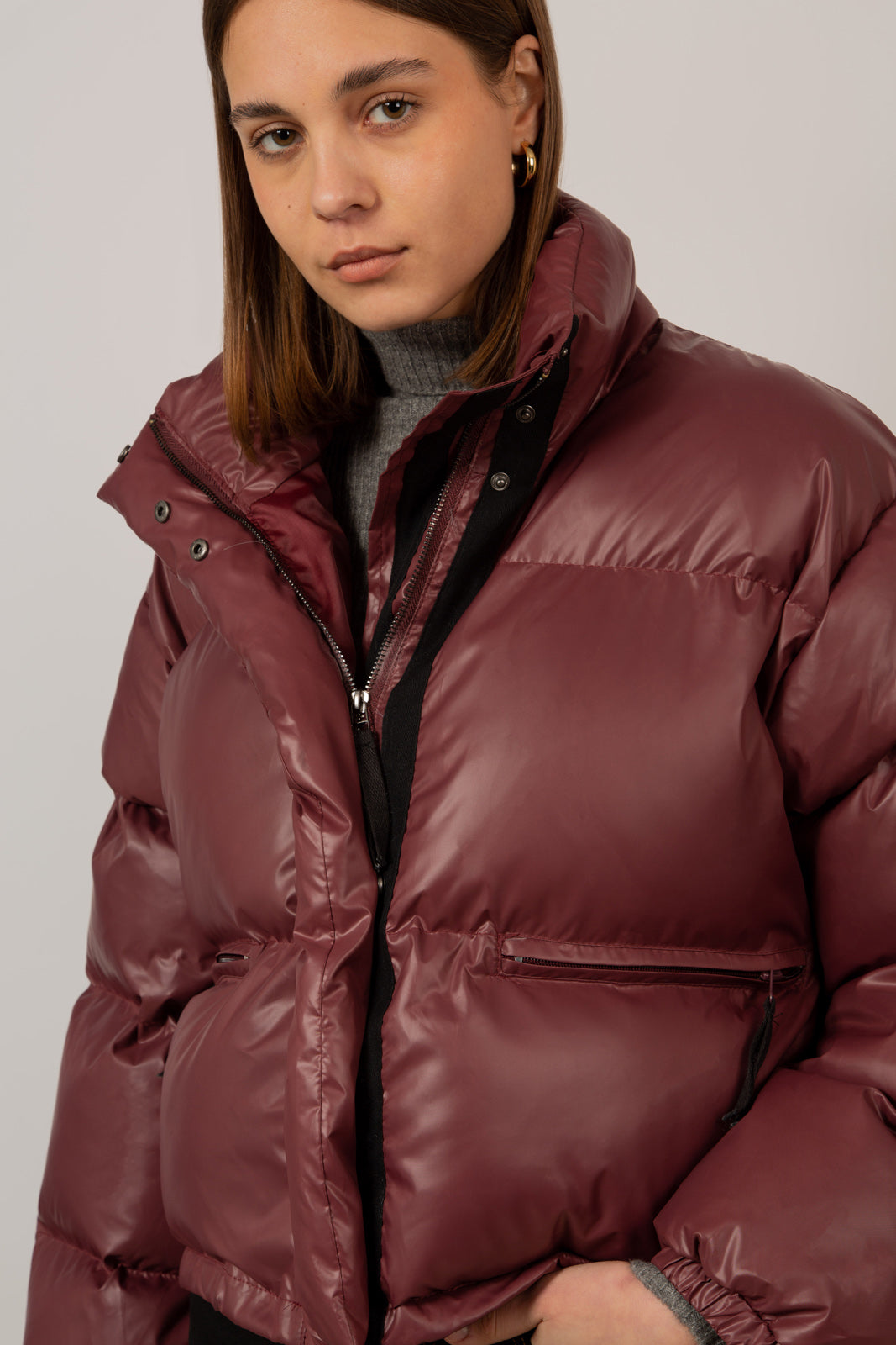 Burgundy glossy puffer coat_8