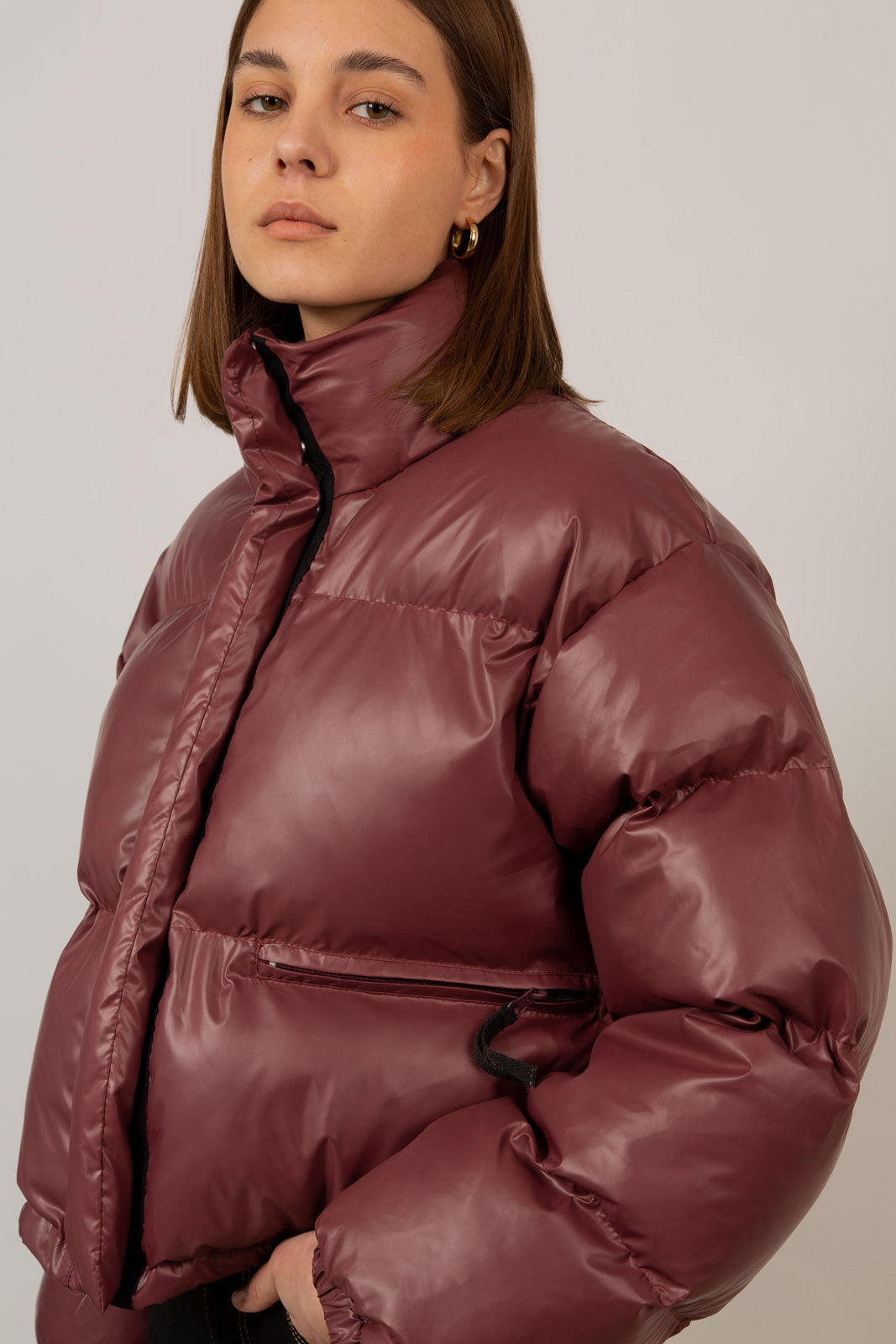 Burgundy glossy puffer coat_11