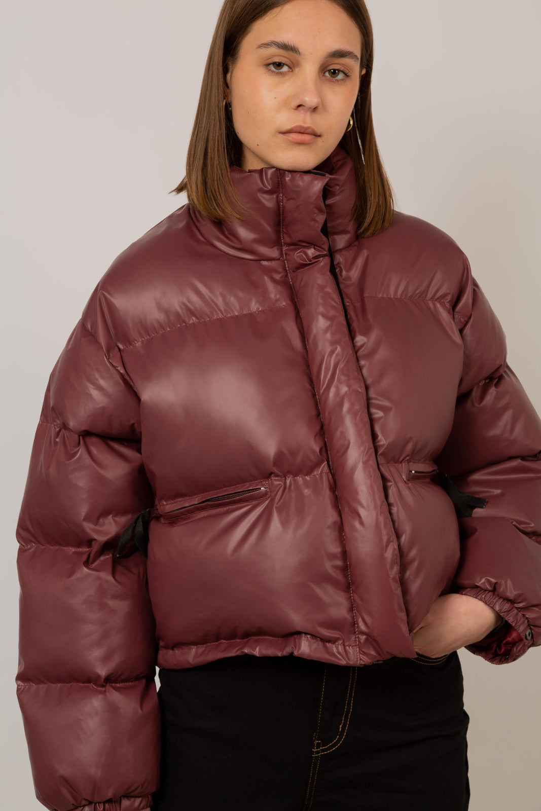 Burgundy glossy puffer coat_1