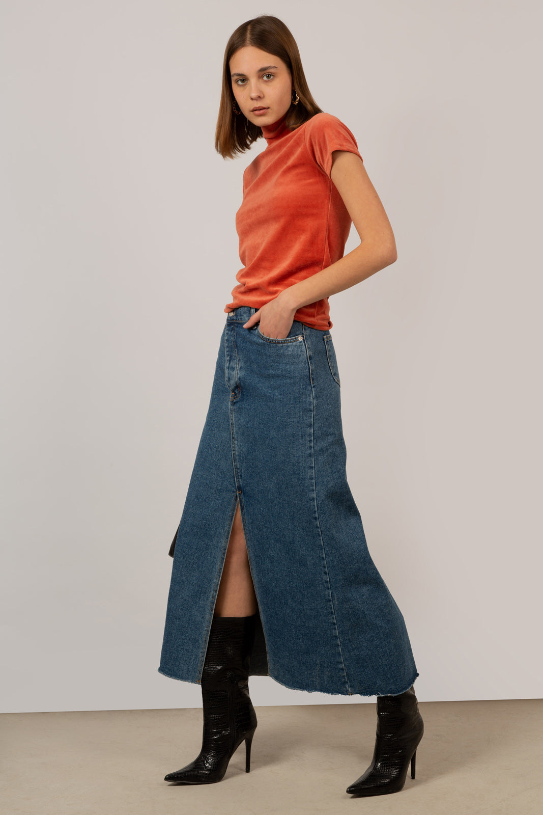 Orange velvet short sleeved mock neck top_3