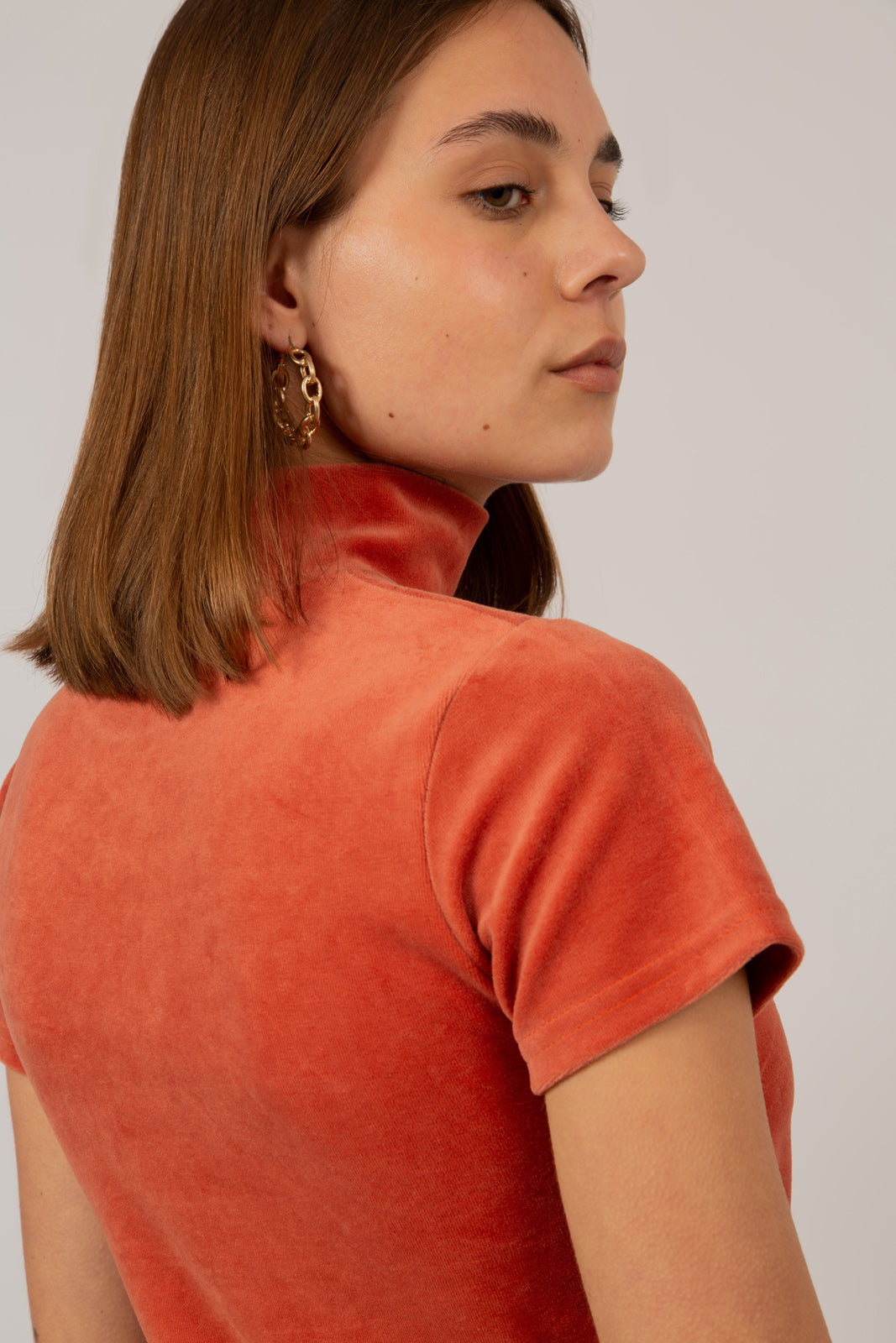 Orange velvet short sleeved mock neck top_7