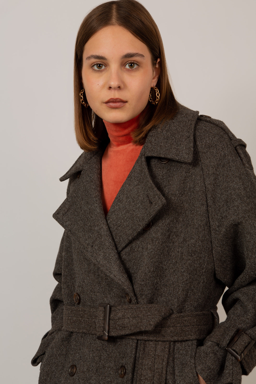 Brown wool blend double breasted belted coat_7