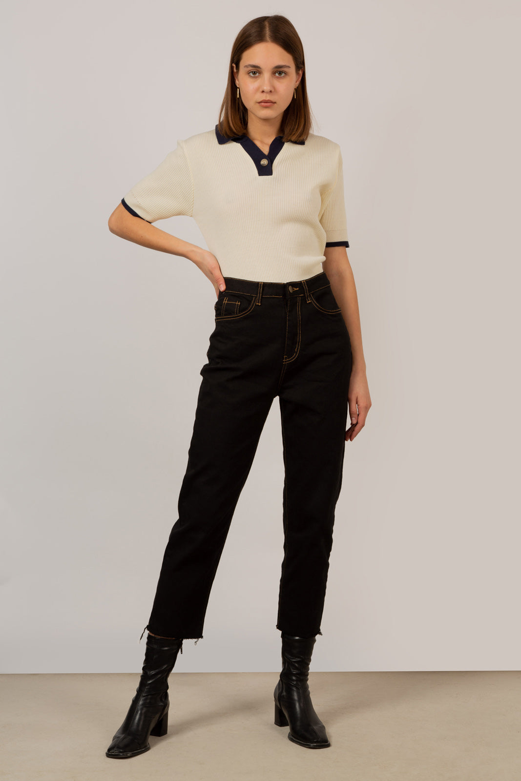 Black and beige contrast stitch jeans - 996_3