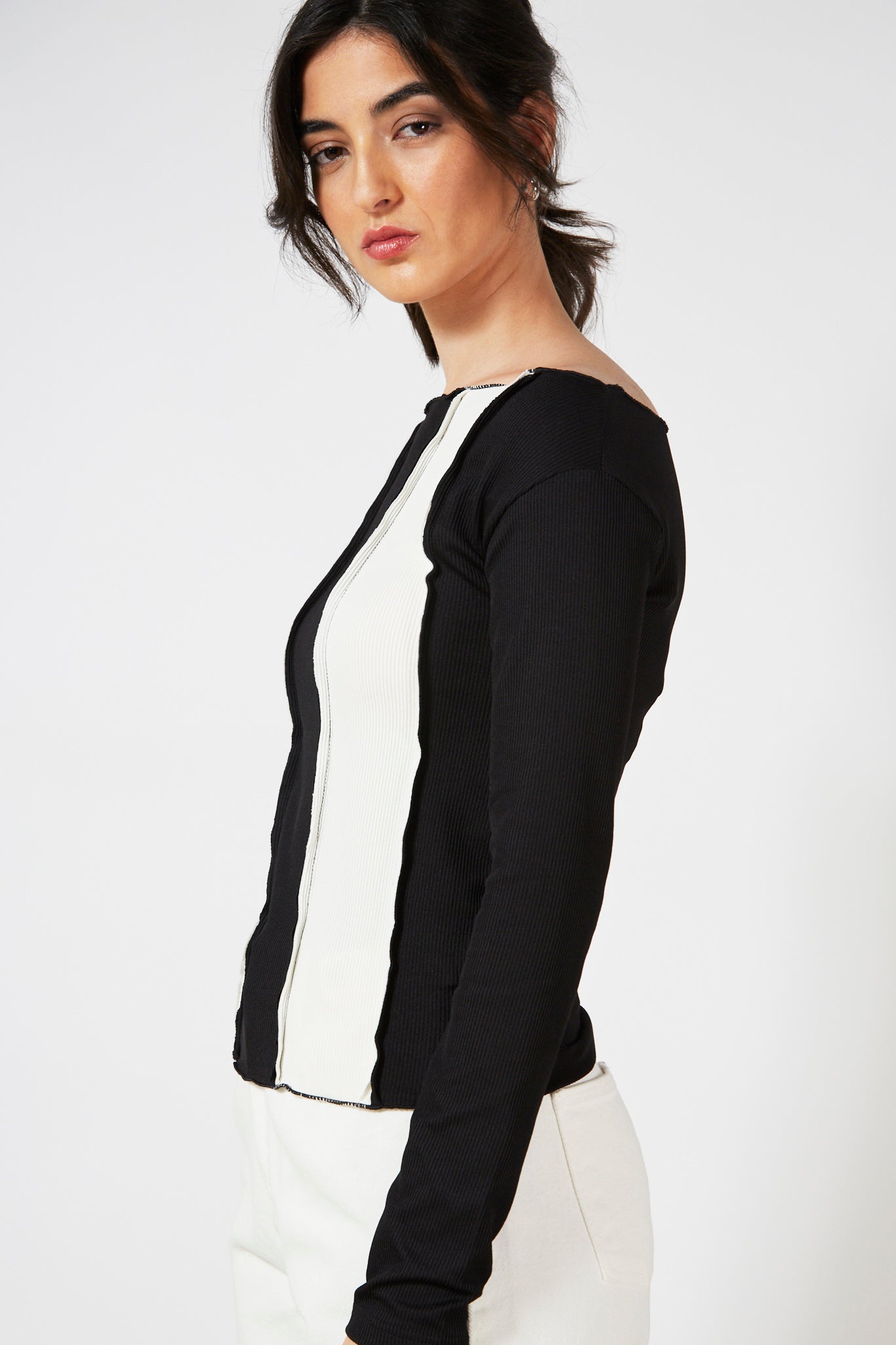 Black and ivory thick vertical stripe top_10