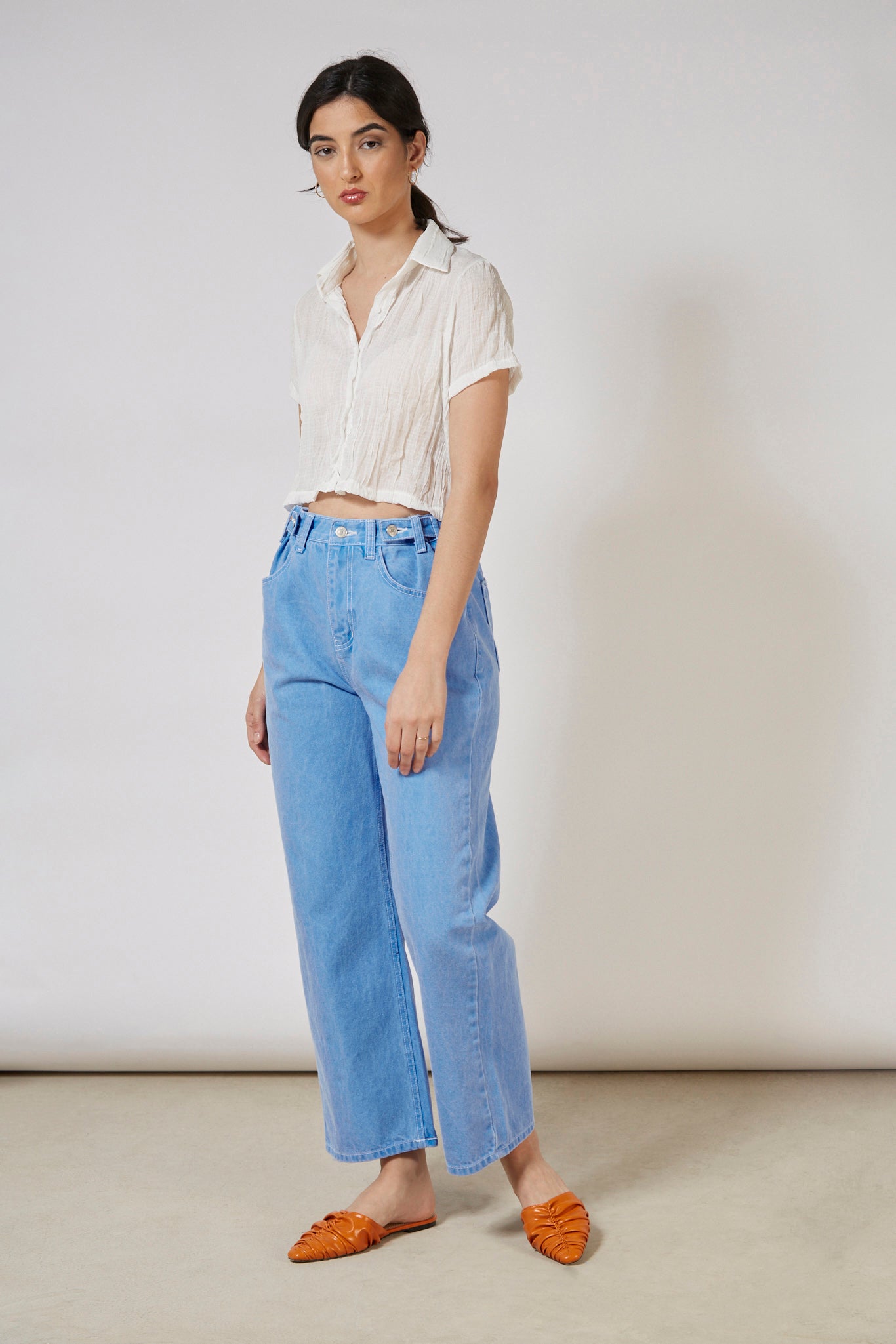 Bright blue contrast stitch button waist jeans_9