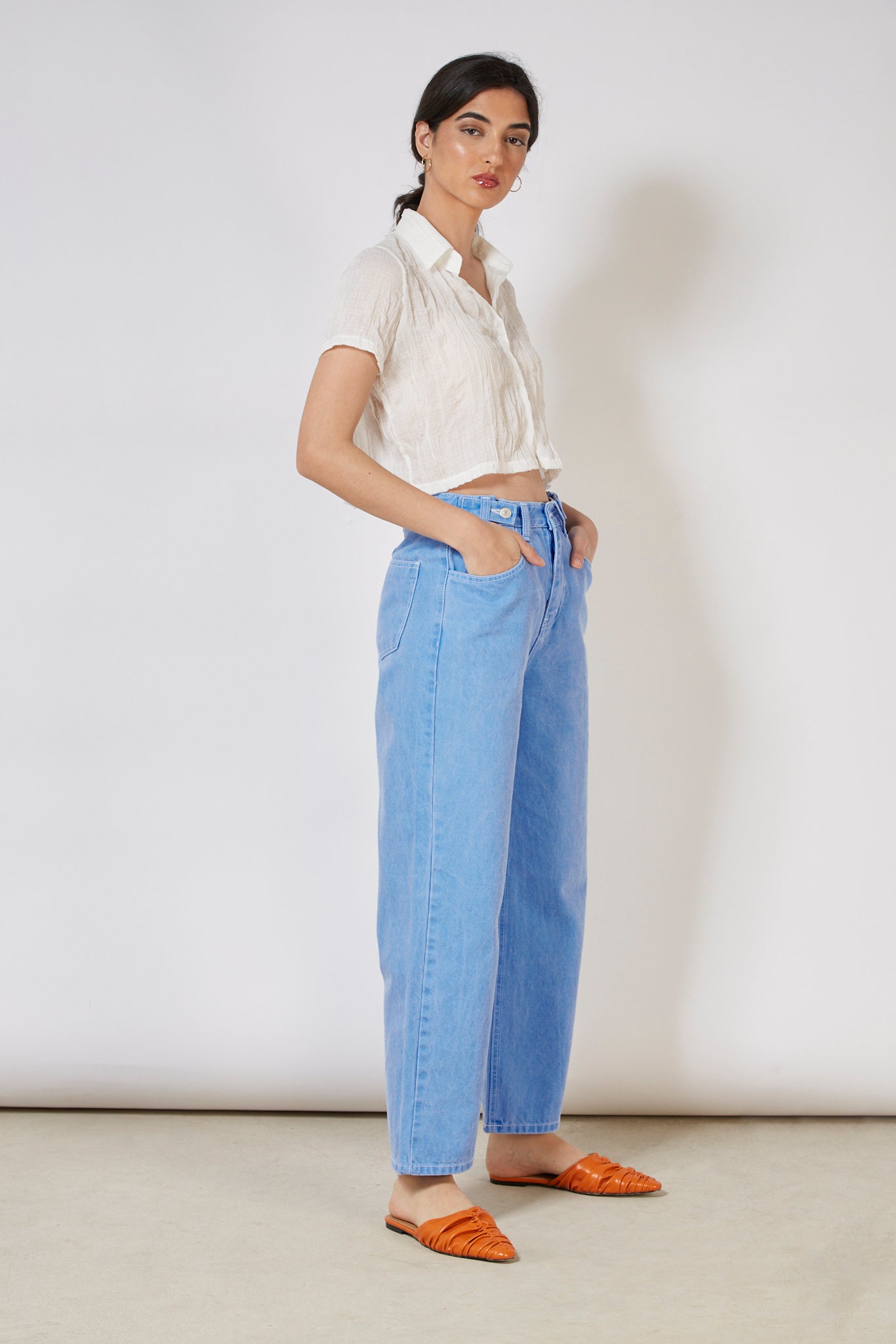 Bright blue contrast stitch button waist jeans_2