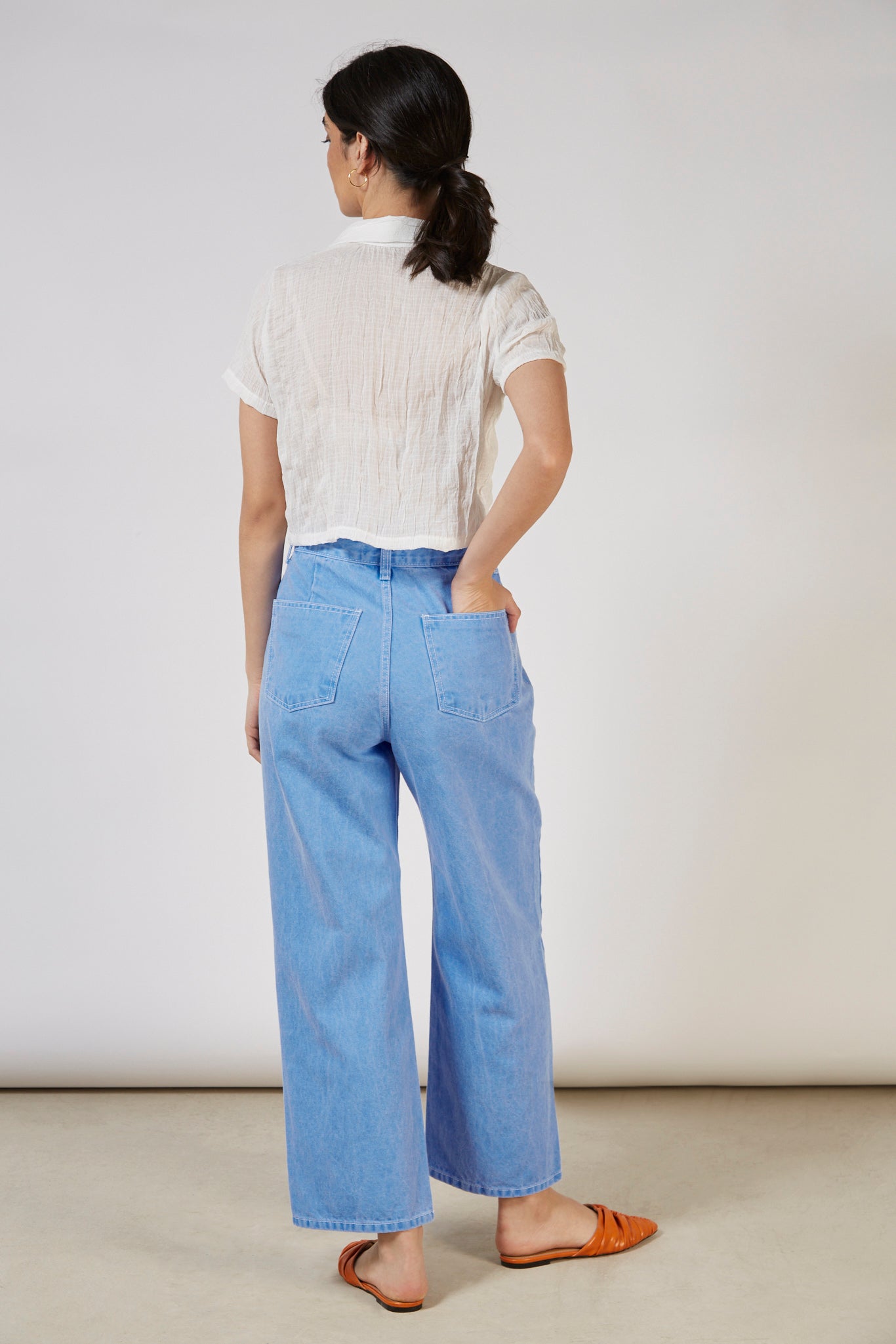 Bright blue contrast stitch button waist jeans_10