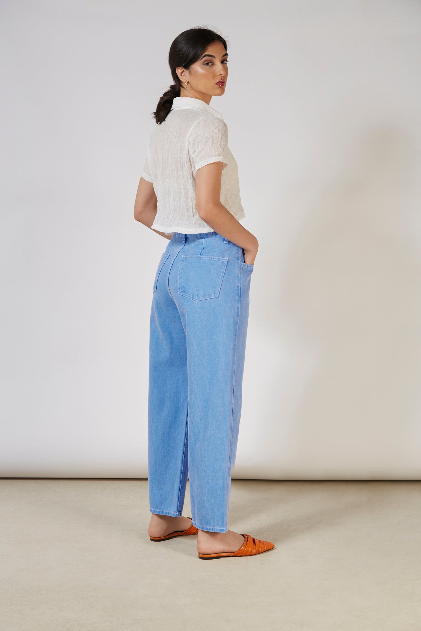 Bright blue contrast stitch button waist jeans_6