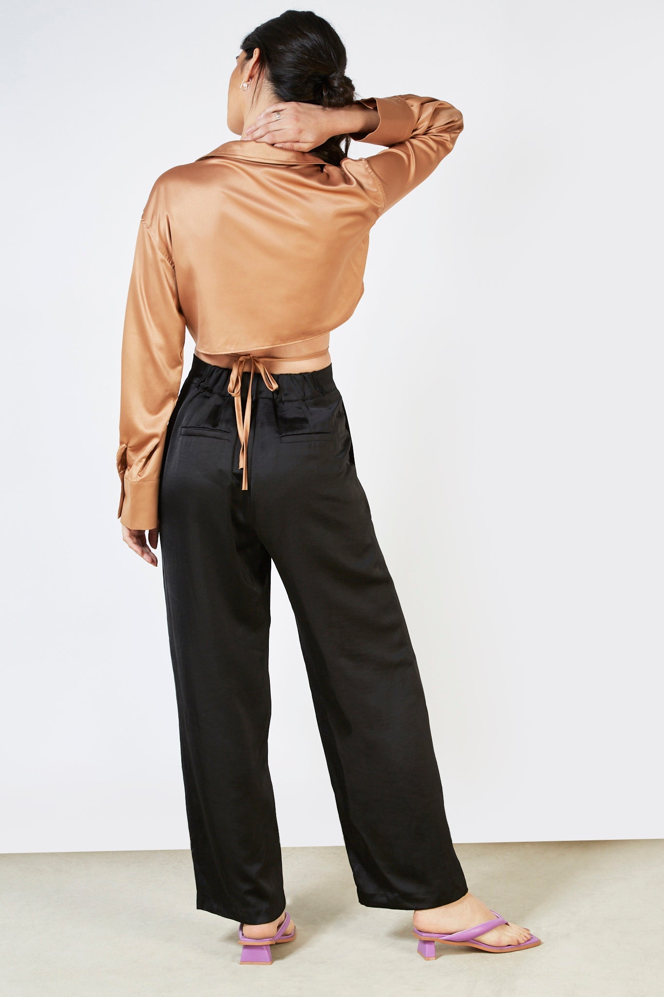 Brown satin thin tie front blouse_8