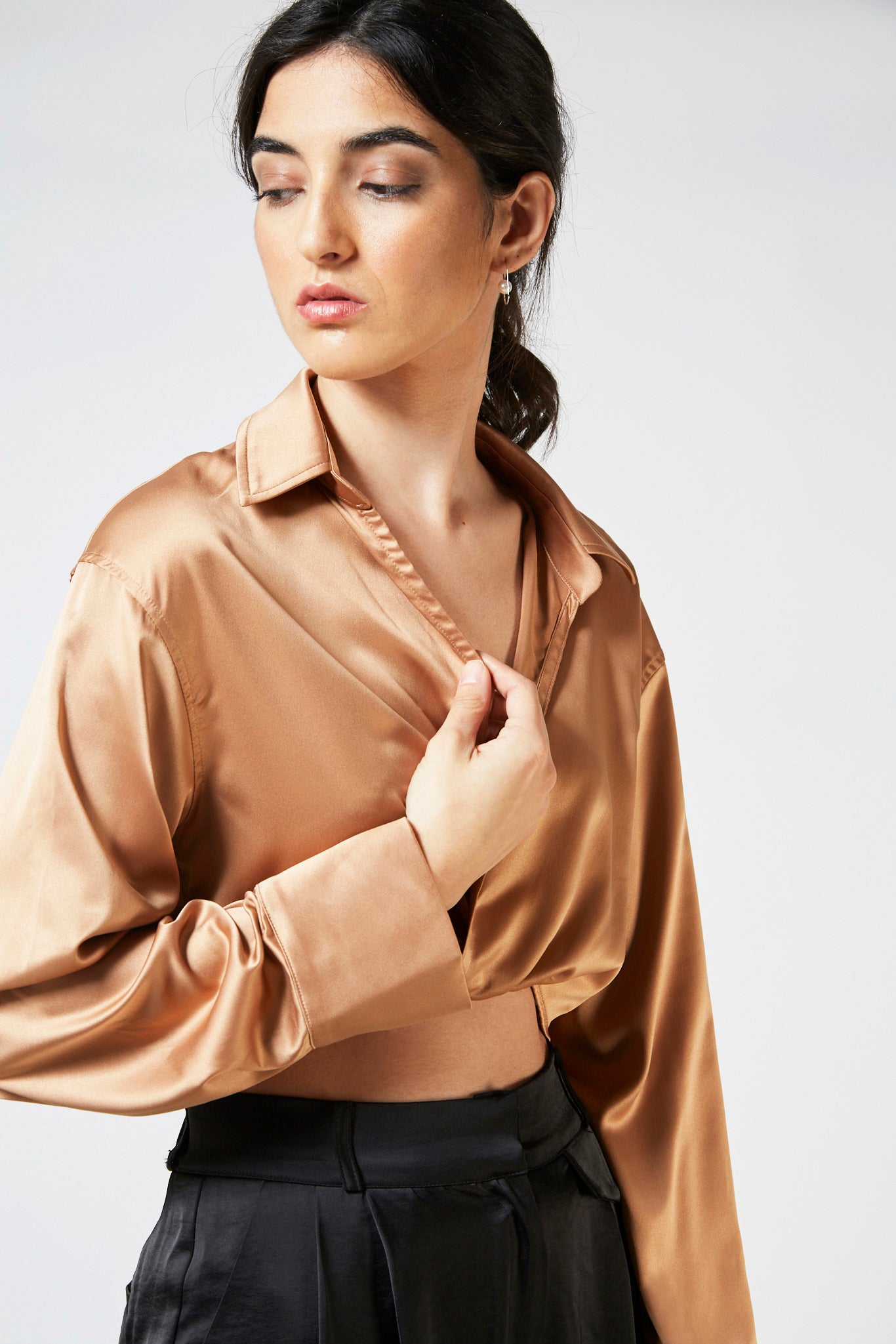 Brown satin thin tie front blouse_3