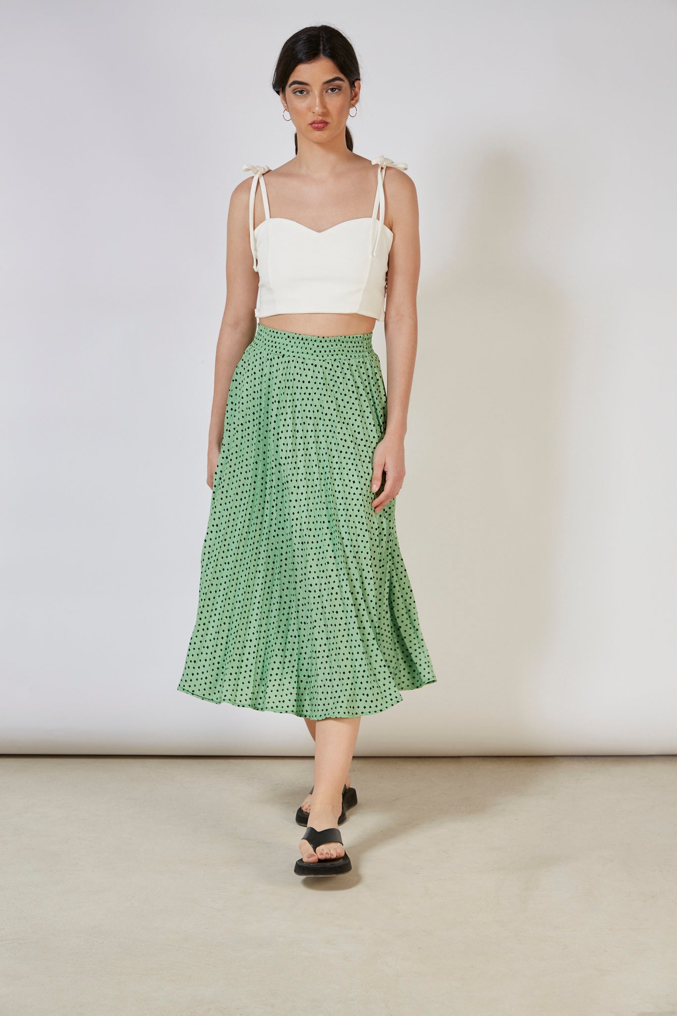 Green dot print pleated skirt_7