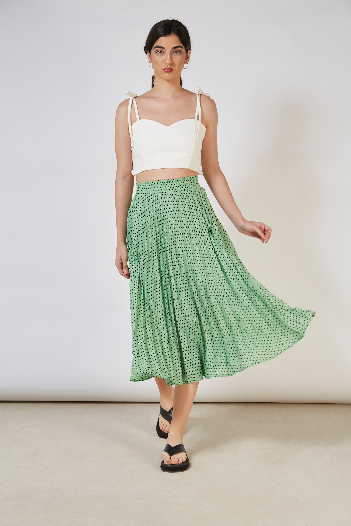 Green dot print pleated skirt_1