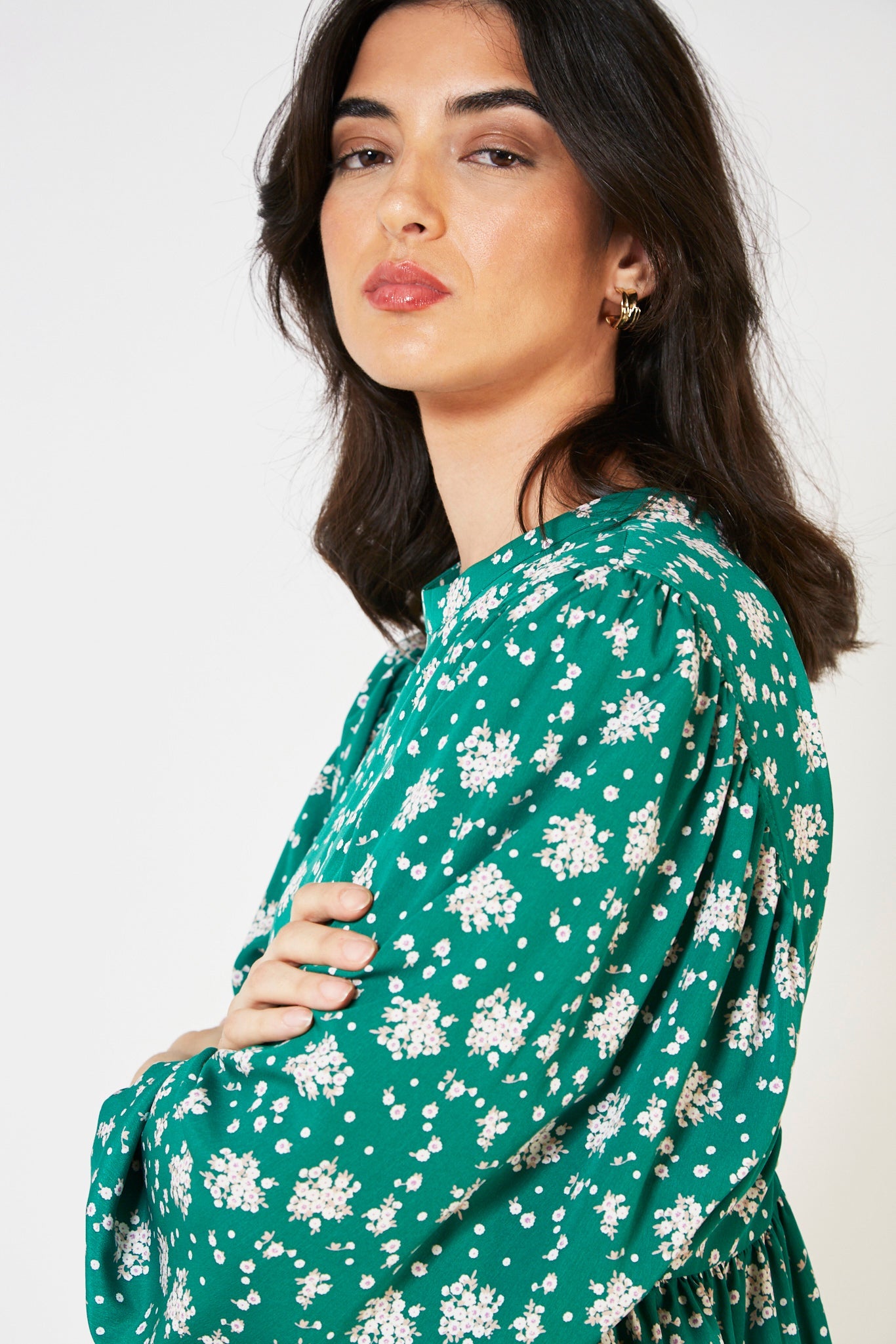 Green printed long sleeved dress_10