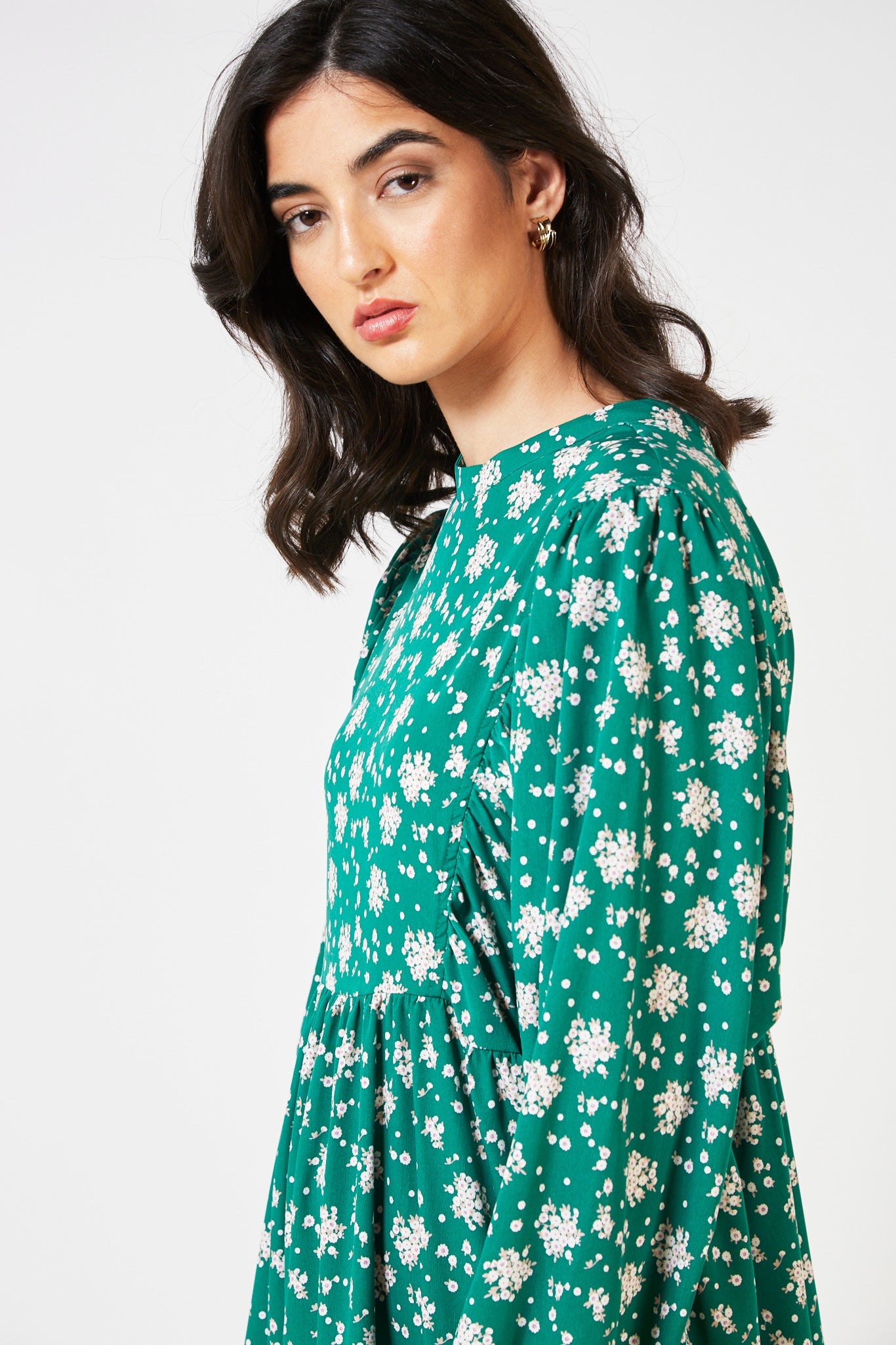 Green printed long sleeved dress_4