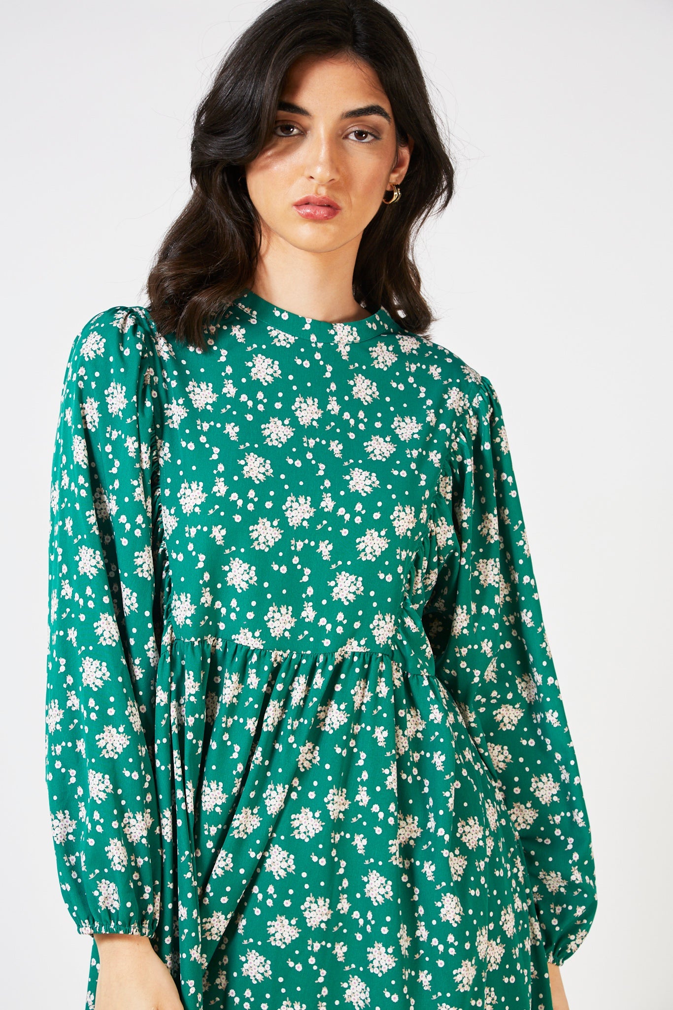 Green printed long sleeved dress_9