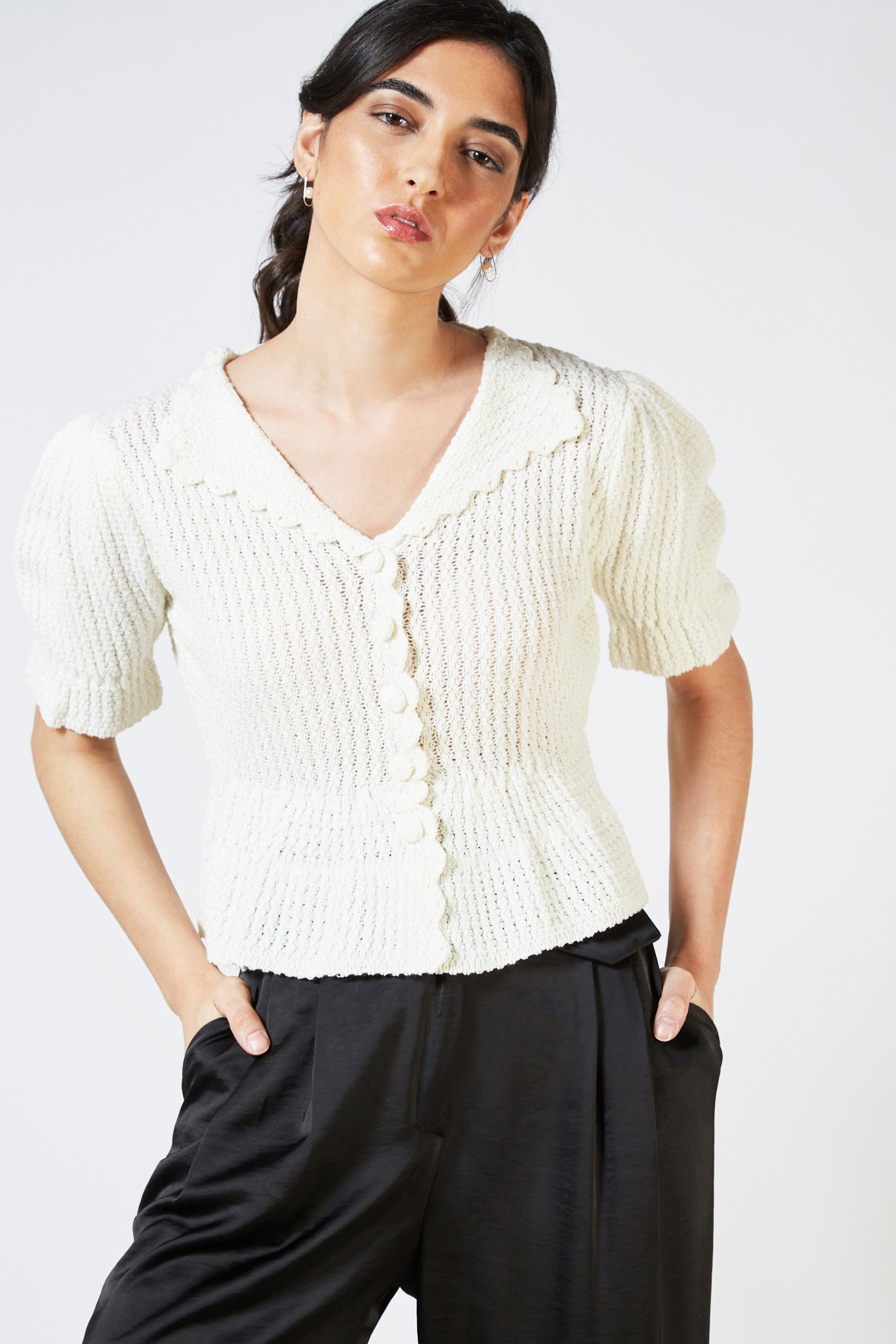 Ivory peplum short sleeved cardigan_7