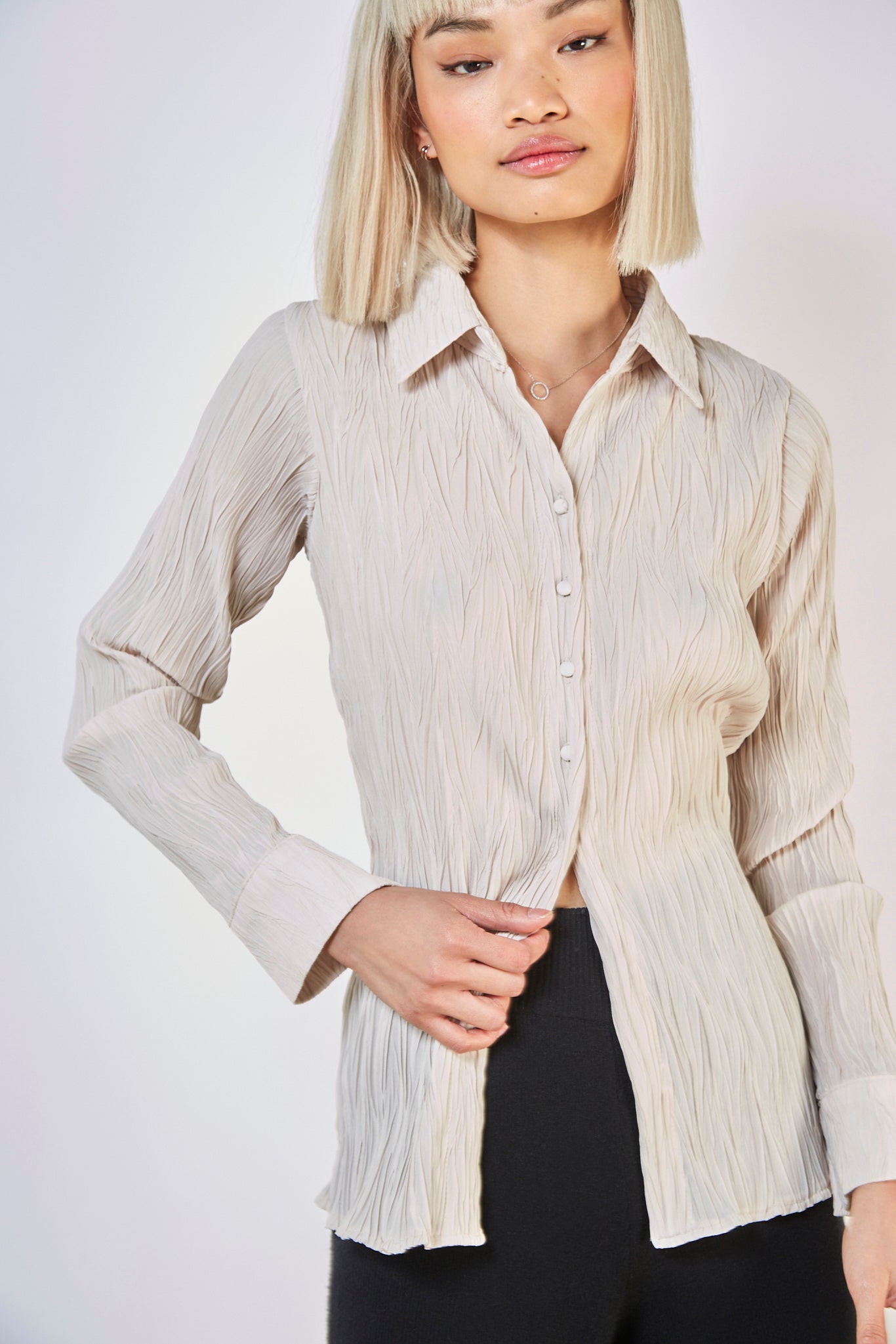 Beige textured five button long shirt_1