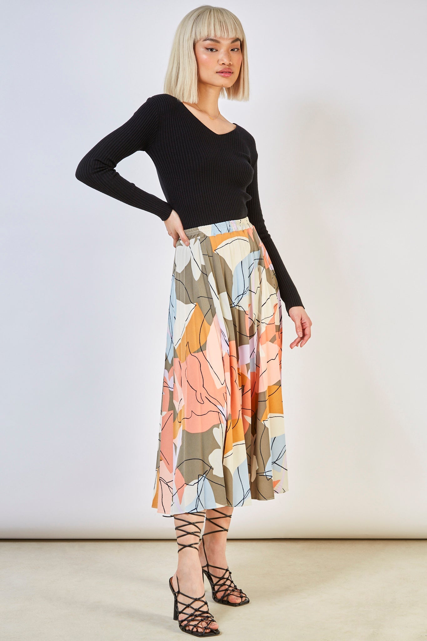 Coral multicolour abstract print pleated skirt_2