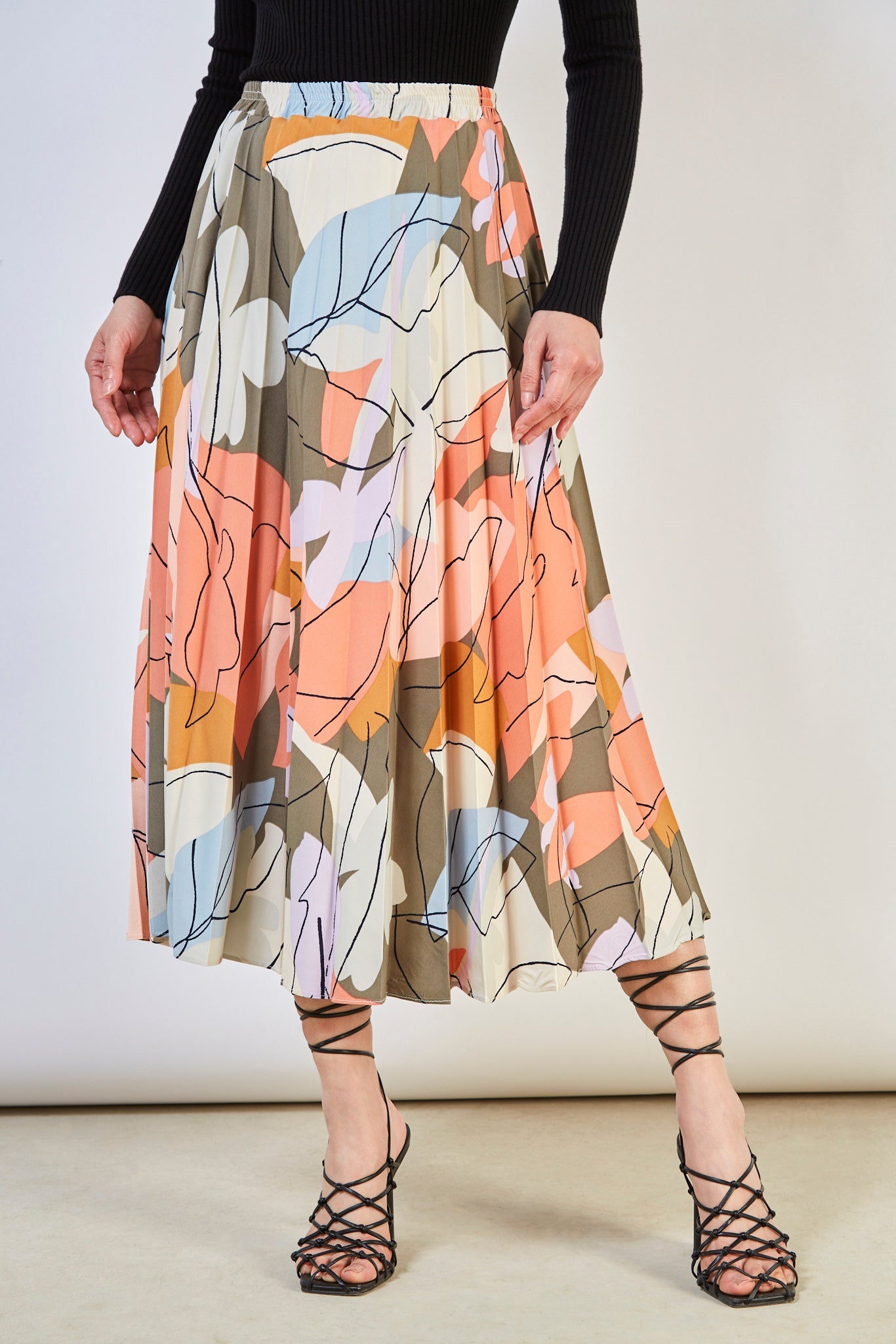 Coral multicolour abstract print pleated skirt_1
