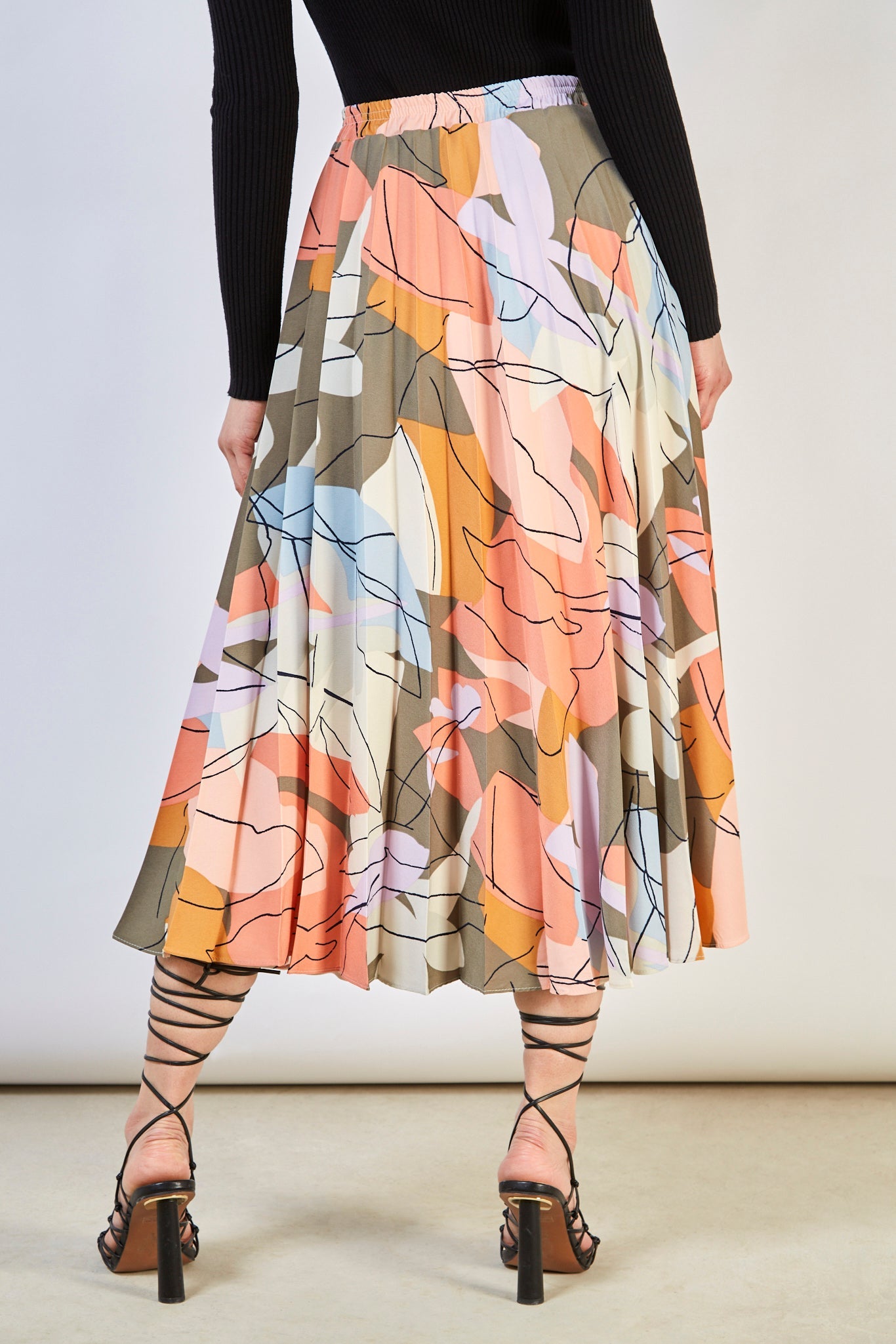 Coral multicolour abstract print pleated skirt_3