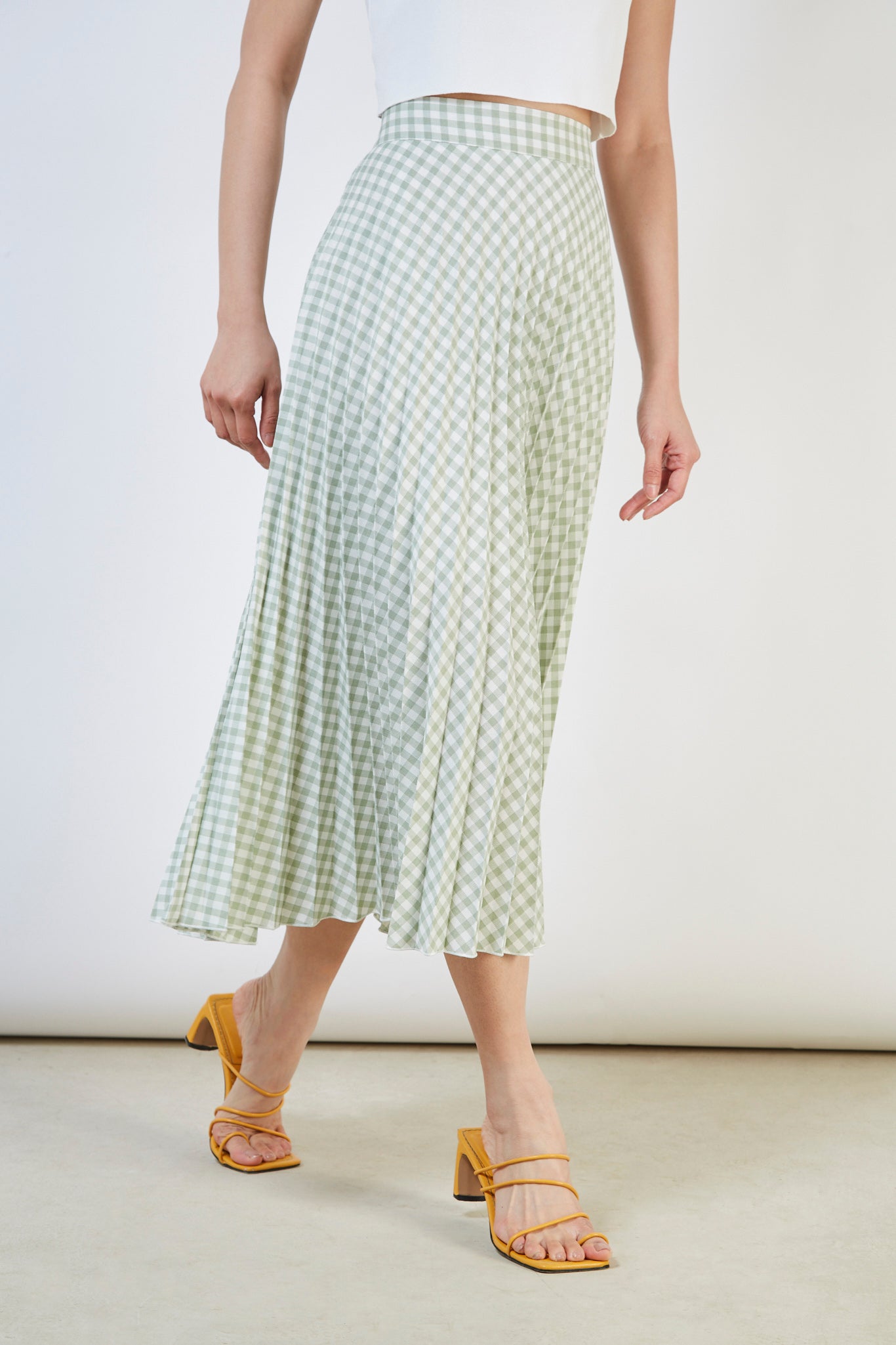 Washed green gingham pleated skirt_1